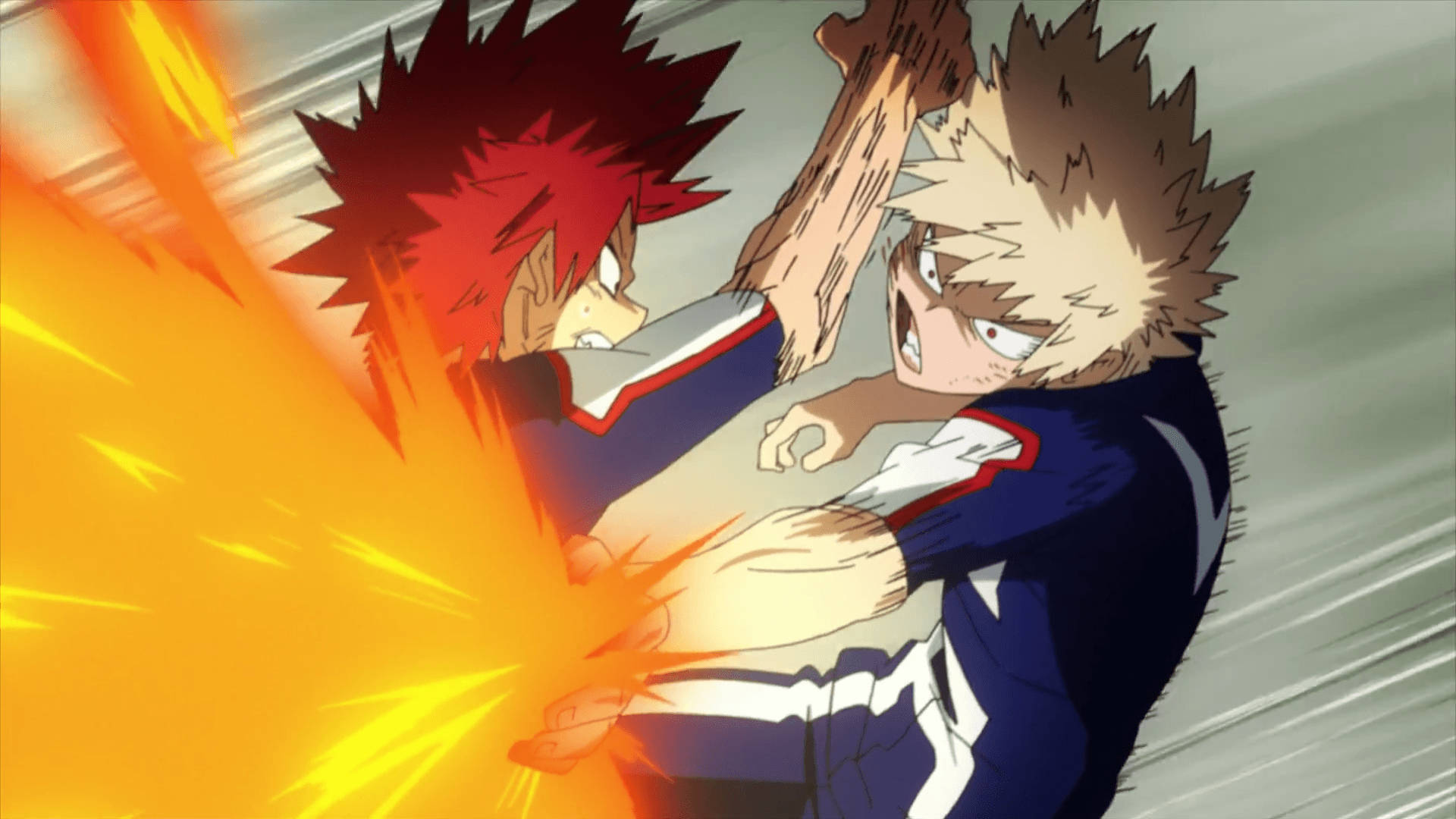 Eijiro Kirishima 對戰 Katsuki Bakugo 壁紙 — 兩個動畫男孩在半空中碰撞，熾熱的能量在他們之間爆炸，背景是帶條紋的灰色。