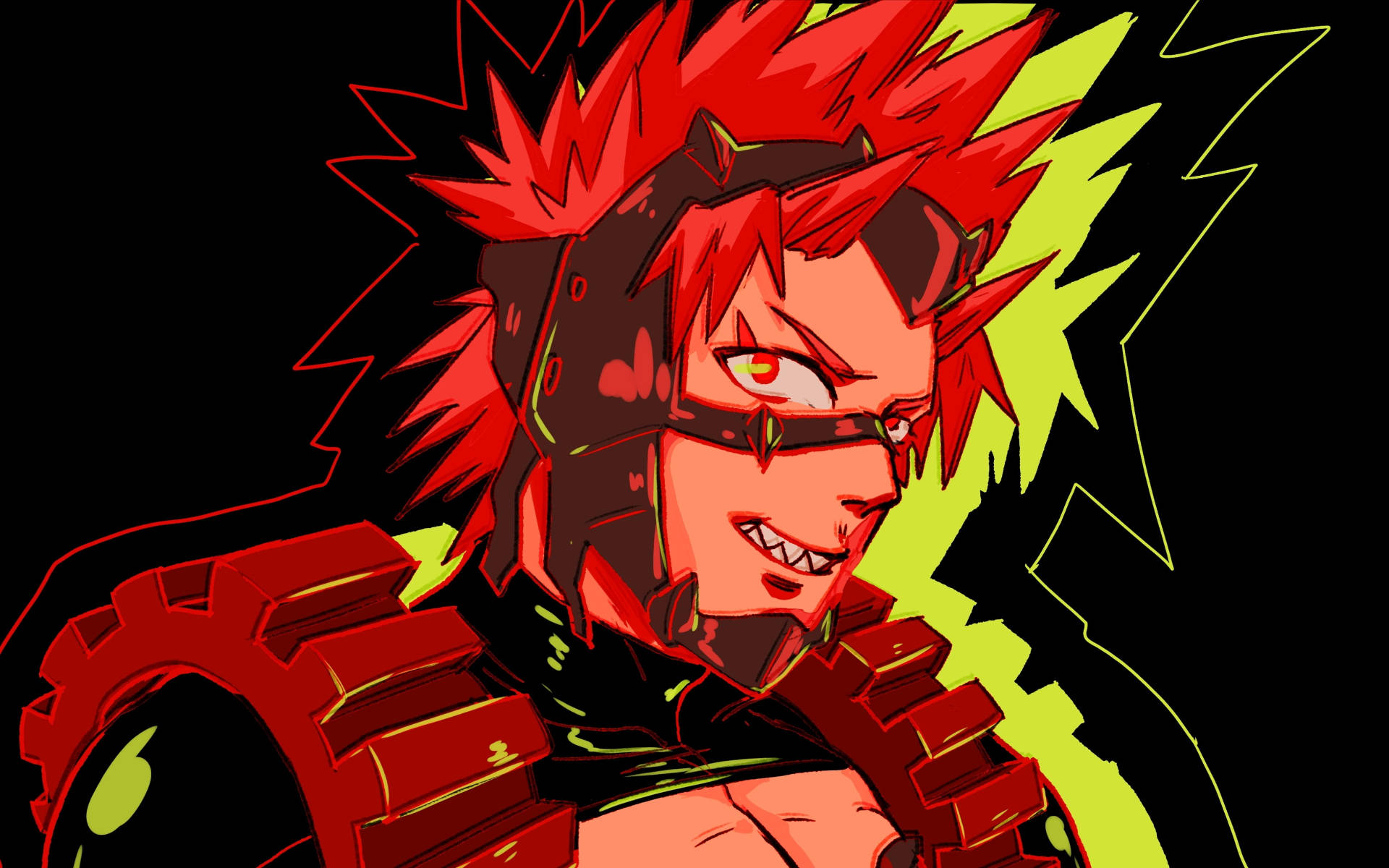 Eijiro Kirishima 動漫迷藝術作品 壁紙 — 一個兇猛的動漫角色，擁有尖刺的紅髮和發光的眼睛，在黑色背景上散發能量，伴隨著霓虹綠色的閃電。