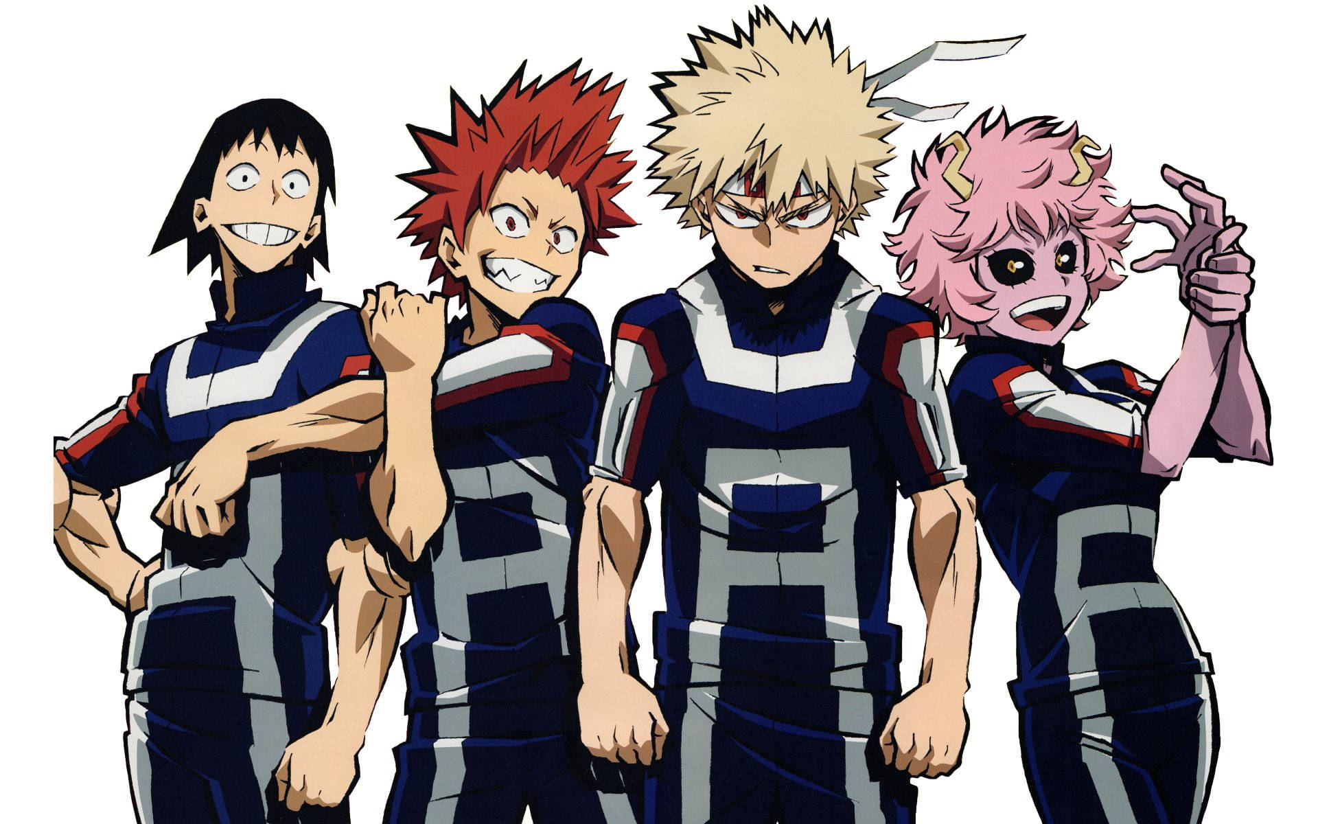 Eijiro Kirishima 與同學們 壁紙 — 四位身穿藍白制服嘅動畫英雄，喺純白色背景前自信地擺出充滿動感嘅表情。