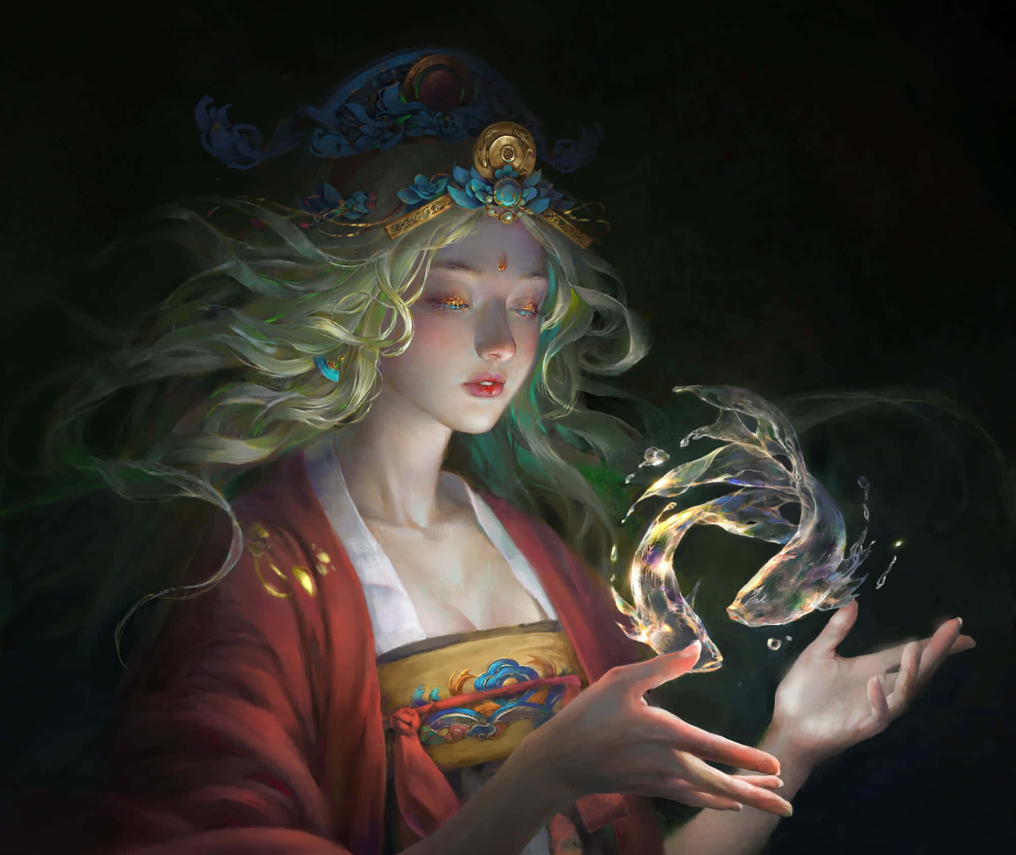 雙魚座的獨特視覺呈現 壁紙 — 一位寧靜的動漫風格女性，擁有飄逸的綠色長髮和華麗的頭飾，在黑暗的背景中，雙手輕輕捧著一個發光、半透明的龍靈。