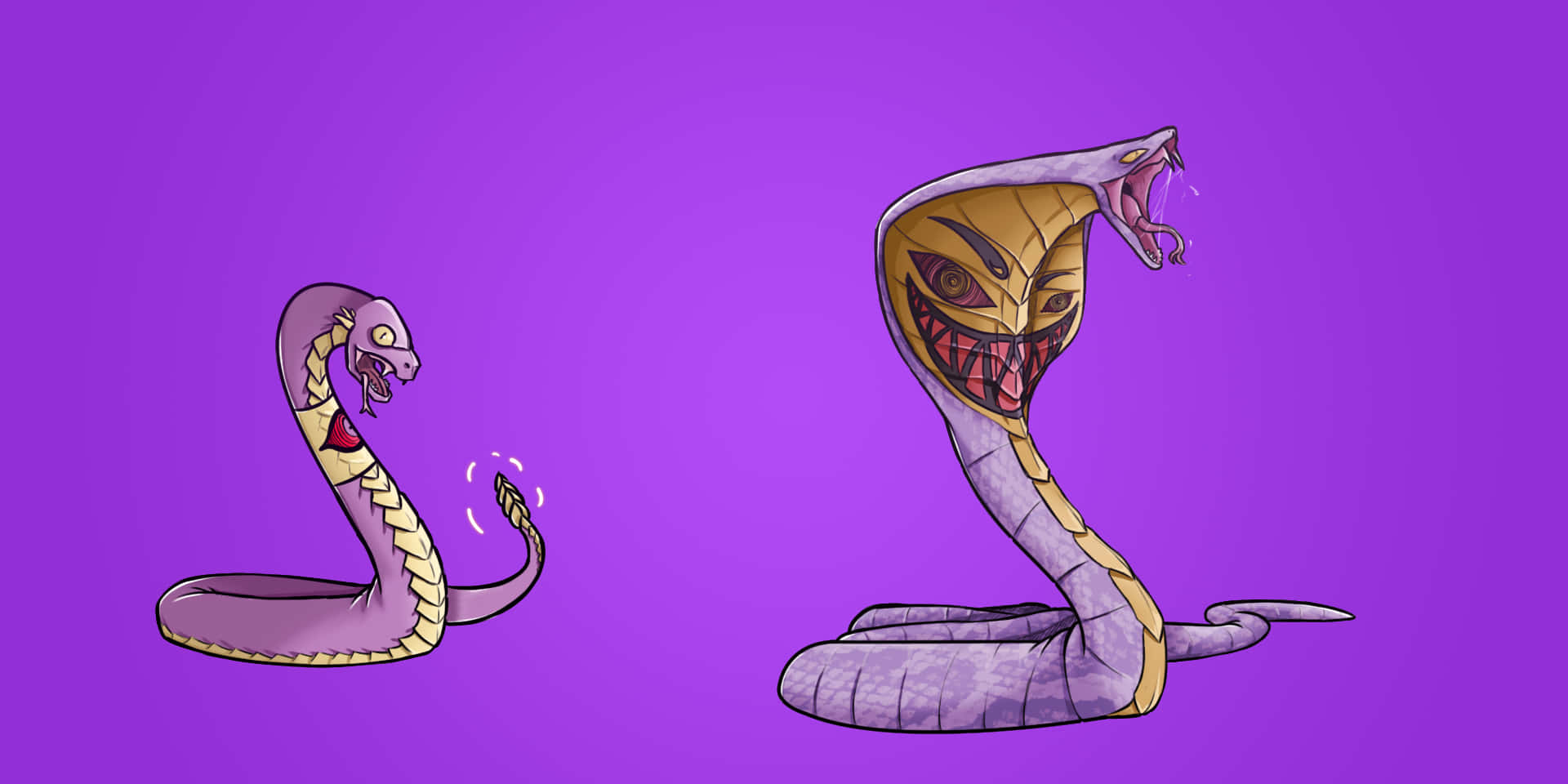 紫色背景上的 Ekans 與 Arbok 壁紙 — 兩條卡通眼鏡蛇，一條冷靜，一條露出尖牙帶有威脅性，背景為純紫色。
