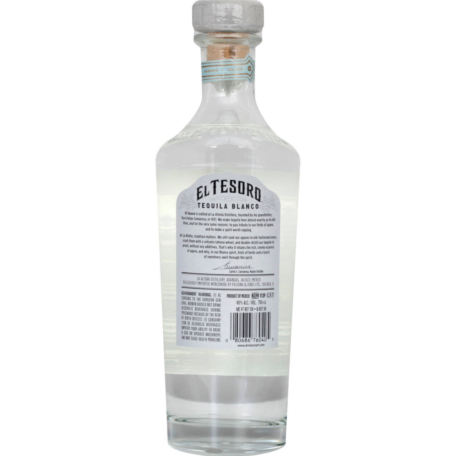 透明龍舌蘭酒樽嘅背面視圖，帶有詳細標籤同條碼。