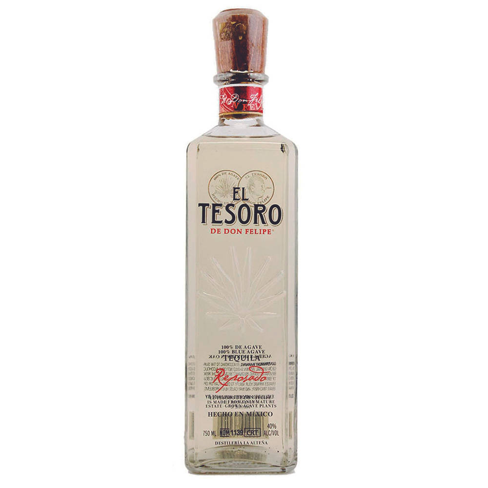 一瓶帶木塞的El Tesoro de Don Felipe Reposado龍舌蘭酒。
