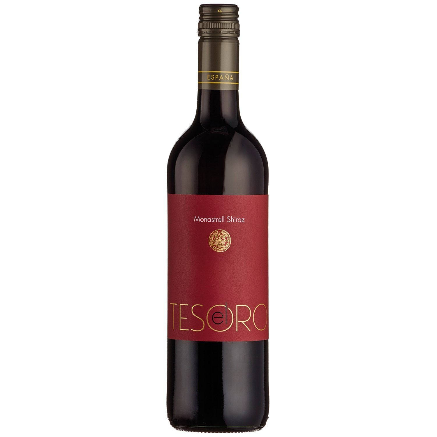 一瓶帶有紅色標籤和金色文字的Tesoro Monastrell Shiraz葡萄酒。