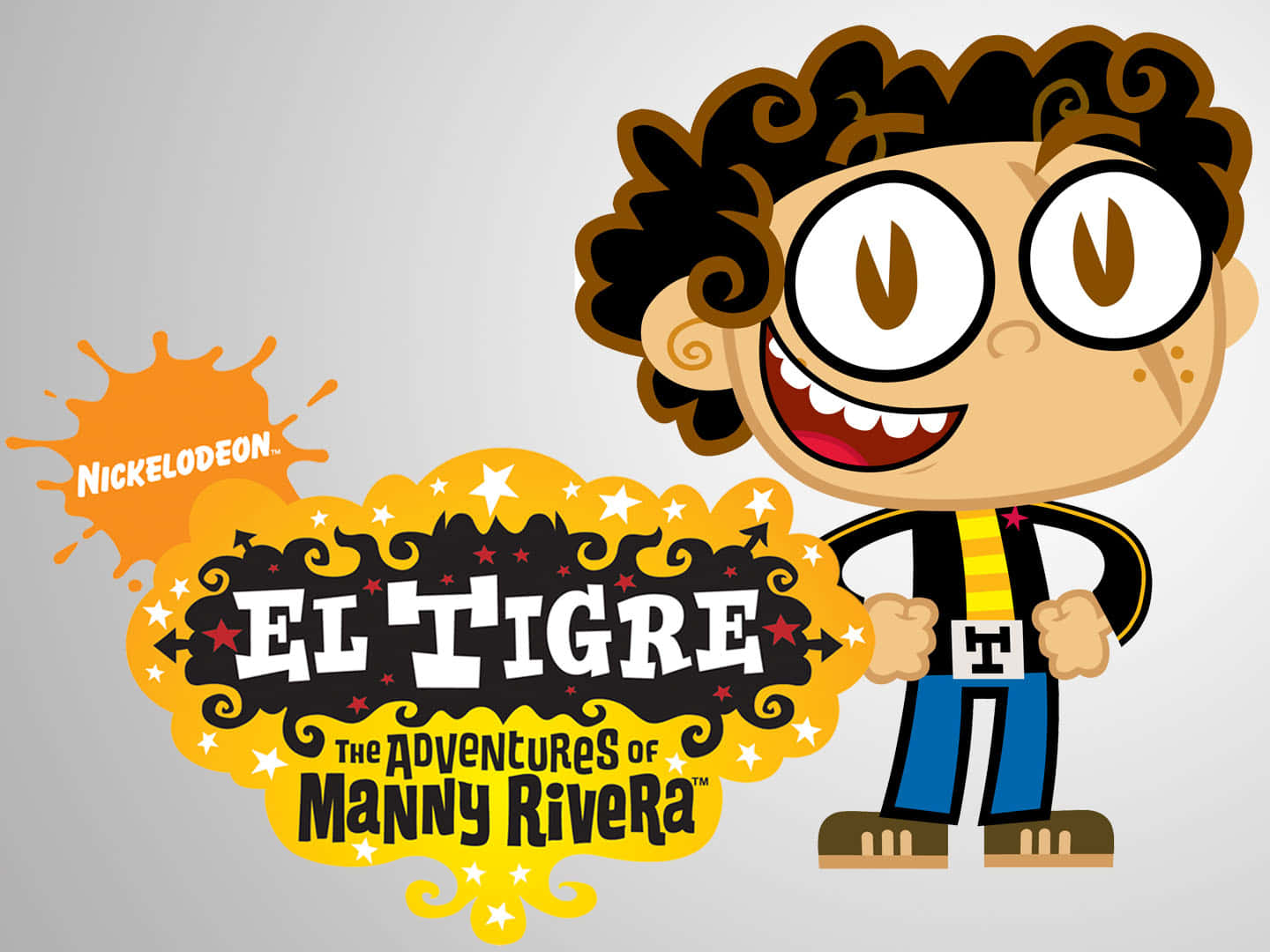 El Tigre 卡通角色，大眼睛和捲曲頭髮，手持標誌。