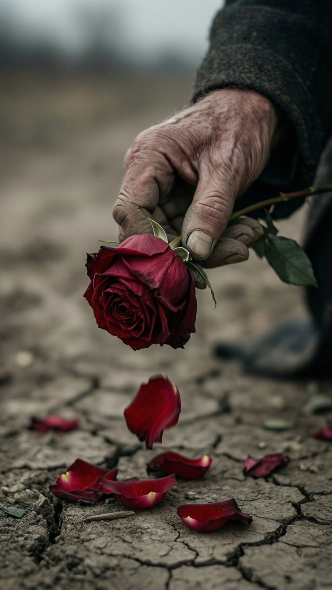 Pessimism 桌布 壁紙 — 一隻年長的手在龜裂的土地上舉著一朵深紅玫瑰，腳邊散落著花瓣。