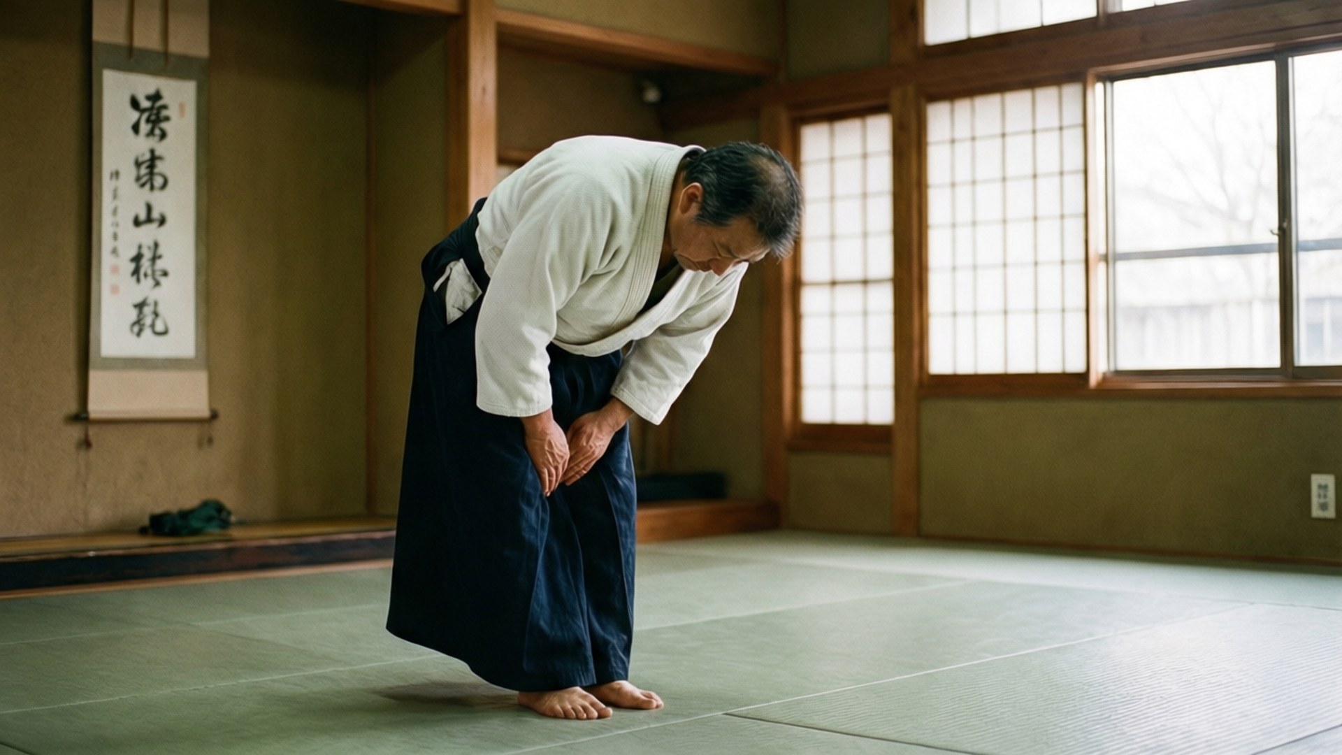 桌布 壁紙 — 一位身穿白色柔道服的老人在舖有榻榻米的傳統日本道場中，對著障子門深深鞠躬。
