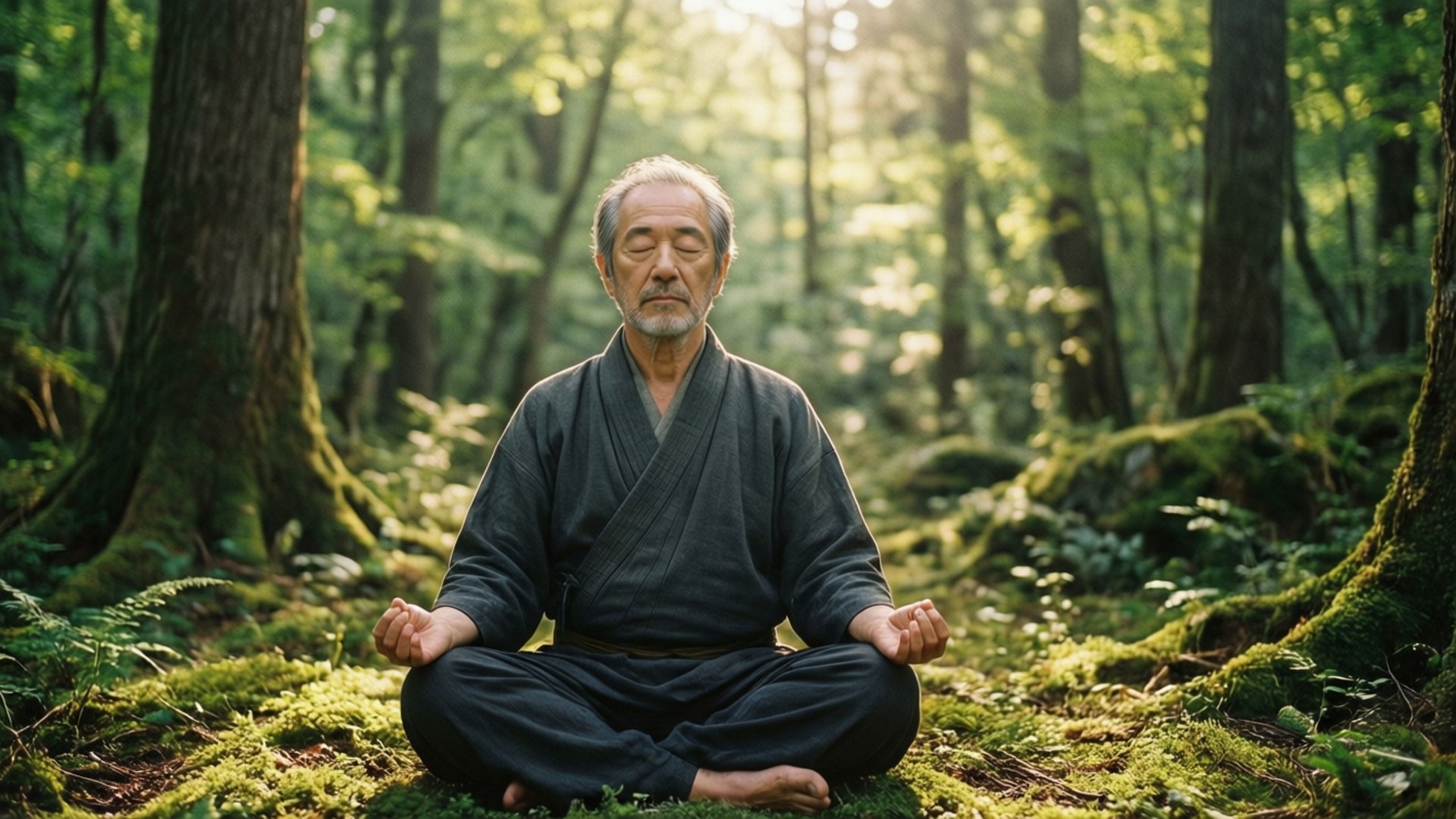 桌布 壁紙 — 一位長者在陽光明媚、長滿苔蘚的樹木和斑駁光影的森林中平靜地冥想。