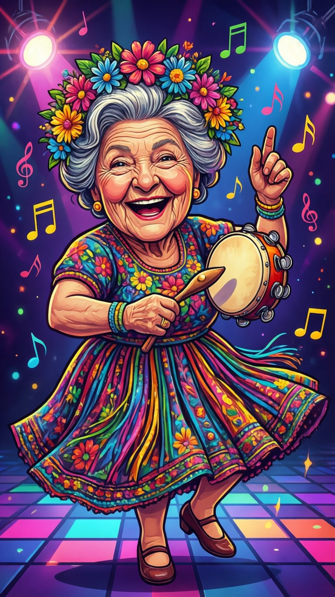 Grandma 桌布 壁紙 — 一位戴著花冠的老年女士在色彩繽紛的迪斯科舞池上快樂地跳舞，同時打著鈴鼓，周圍漂浮著音樂音符。