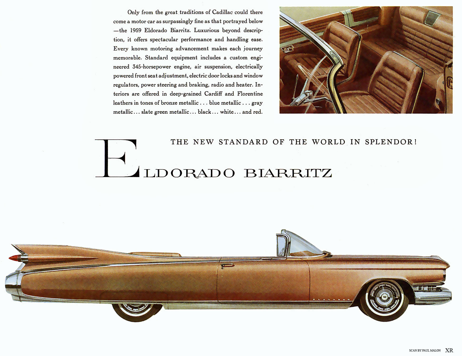 Eldorado Biarritz 凱迪拉克（iPhone拍攝） 壁紙 — 一輛復古1959年凱迪拉克Eldorado Biarritz開篷車，青銅金屬色配以鍍鉻飾邊和皮革內飾，以經典汽車廣告佈局展示。