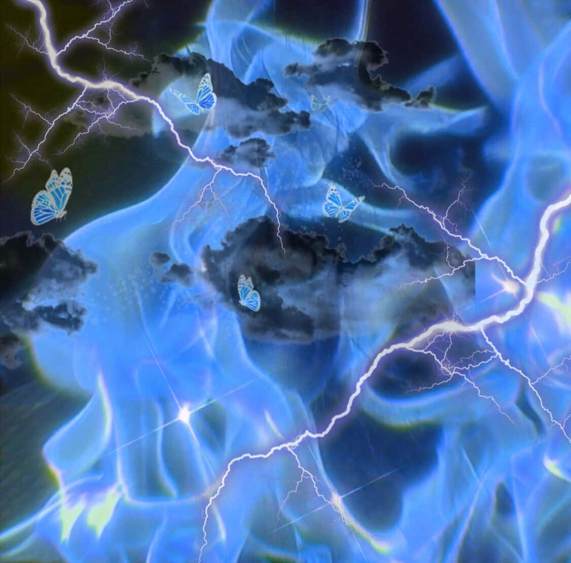 藍色閃電照亮暴風雲層，發光蝴蝶在電光天空飛翔。 — 唯美蝴蝶動圖 壁紙