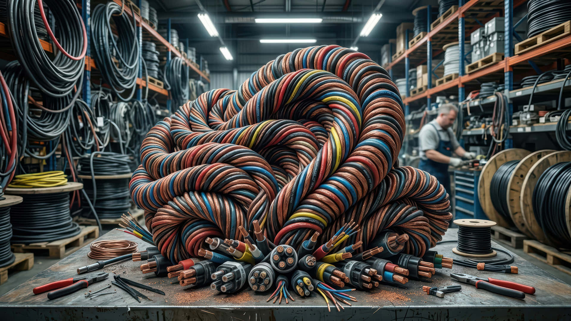 工業倉庫工作枱上巨大的彩色電纜線圈，背景有工具和工人。