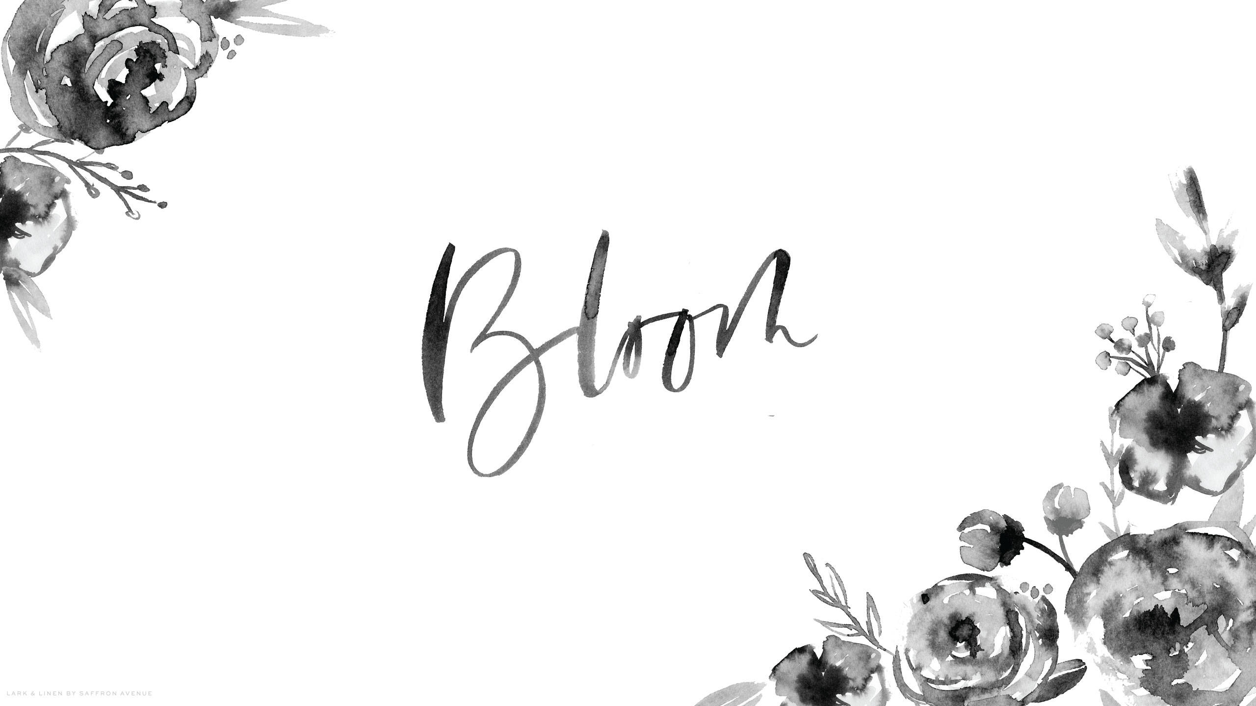 黑白水彩花卉以草書框住 Bloom 這個詞。