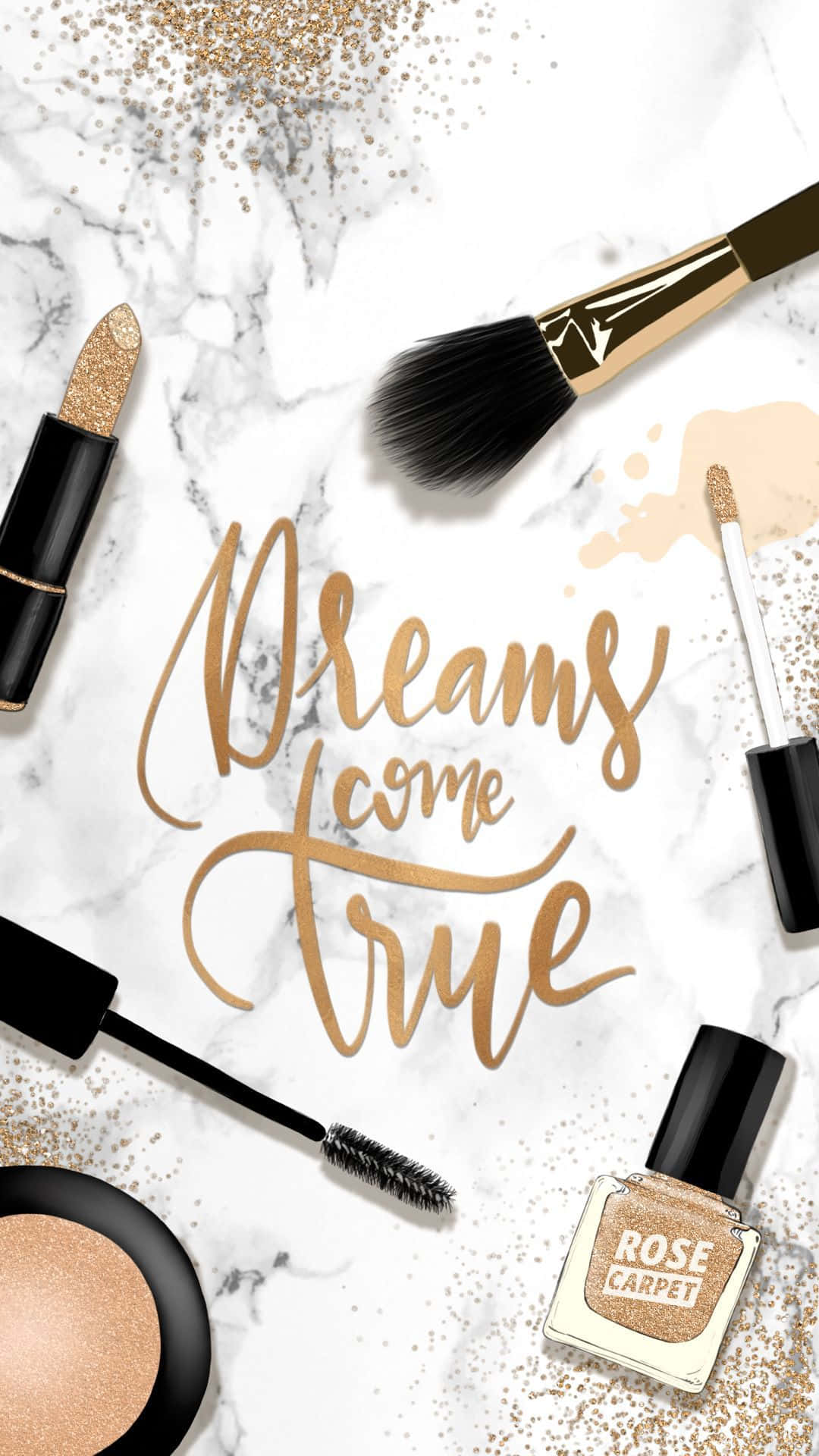 化妝產品和閃粉圍繞著大理石上的金色文字「Dreams come true」排列。