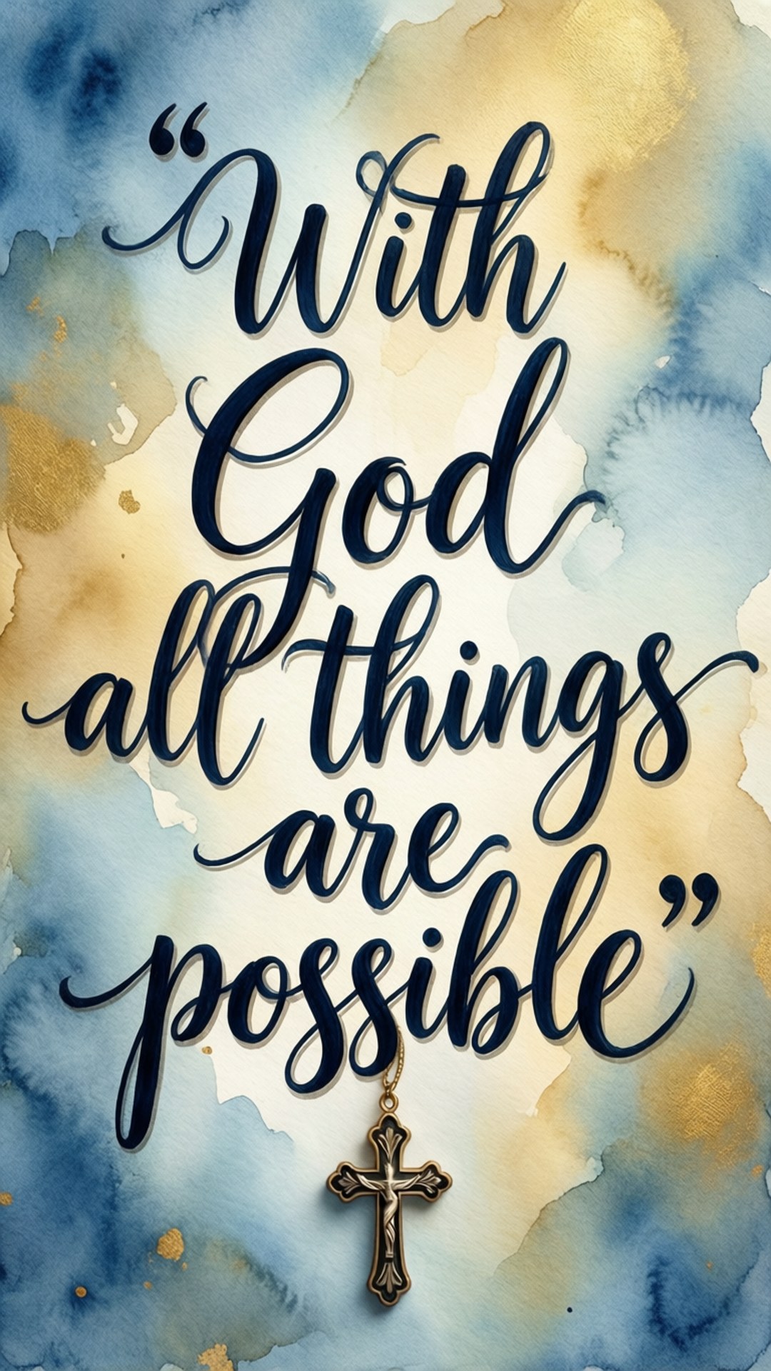 With God All Things Are Possible 桌布 壁紙 — 優雅嘅草書名言，配上十字架吊墜，襯托柔和嘅藍色同金色水彩背景。