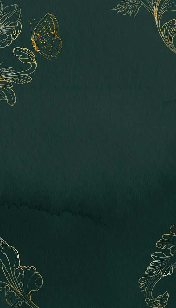 深綠色牆紙，帶有金色花卉和蝴蝶角落點綴。 — 唯美蝴蝶動圖 壁紙