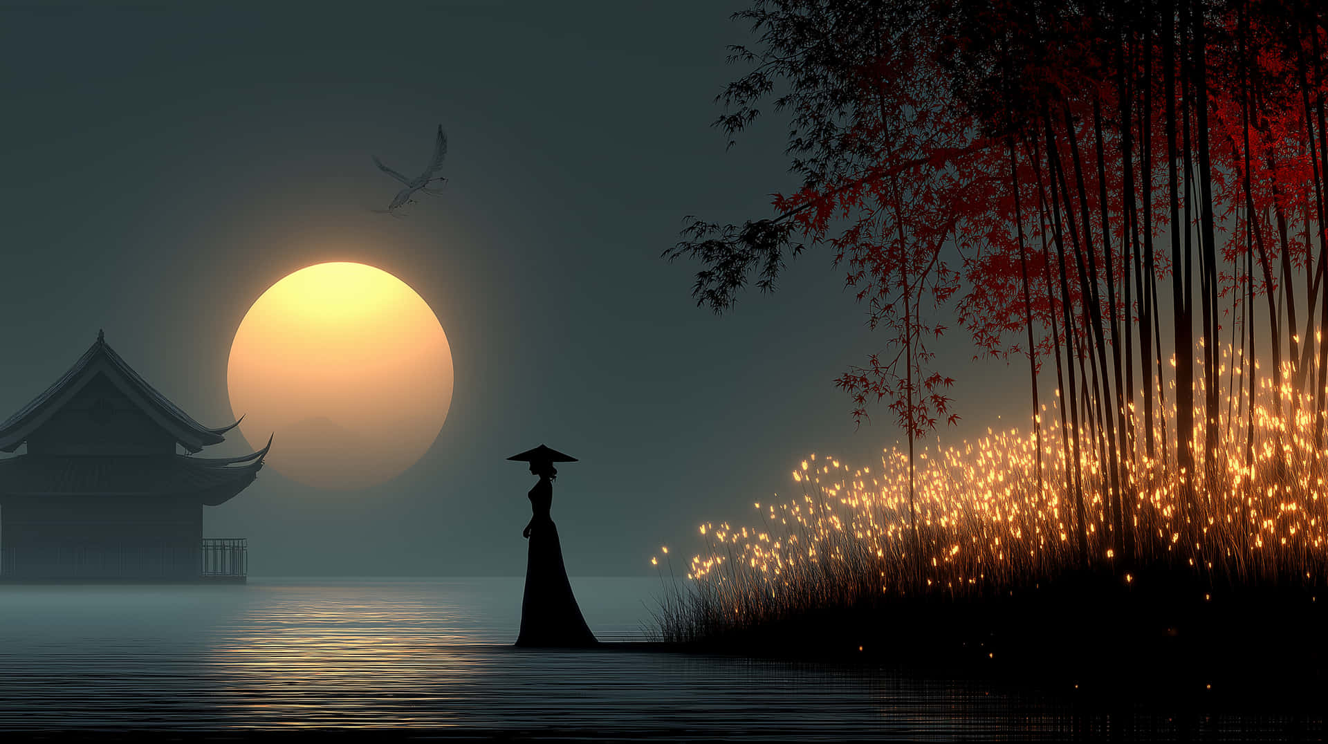 Elegant Figure by Lake with Temple, Bamboo, and Sunset Orb 壁紙 — 一個戴傳統帽子的人獨自站在水邊，在發光的月亮下，有一隻鳥飛過，火熱的蘆葦在竹樹旁發光。
