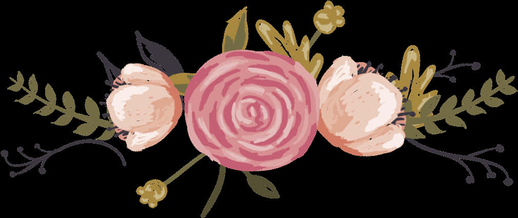 Elegant_ Floral_ Vector_ Artwork 壁紙 — 黑色背景上精緻的花卉佈置，帶有粉紅玫瑰和桃花。