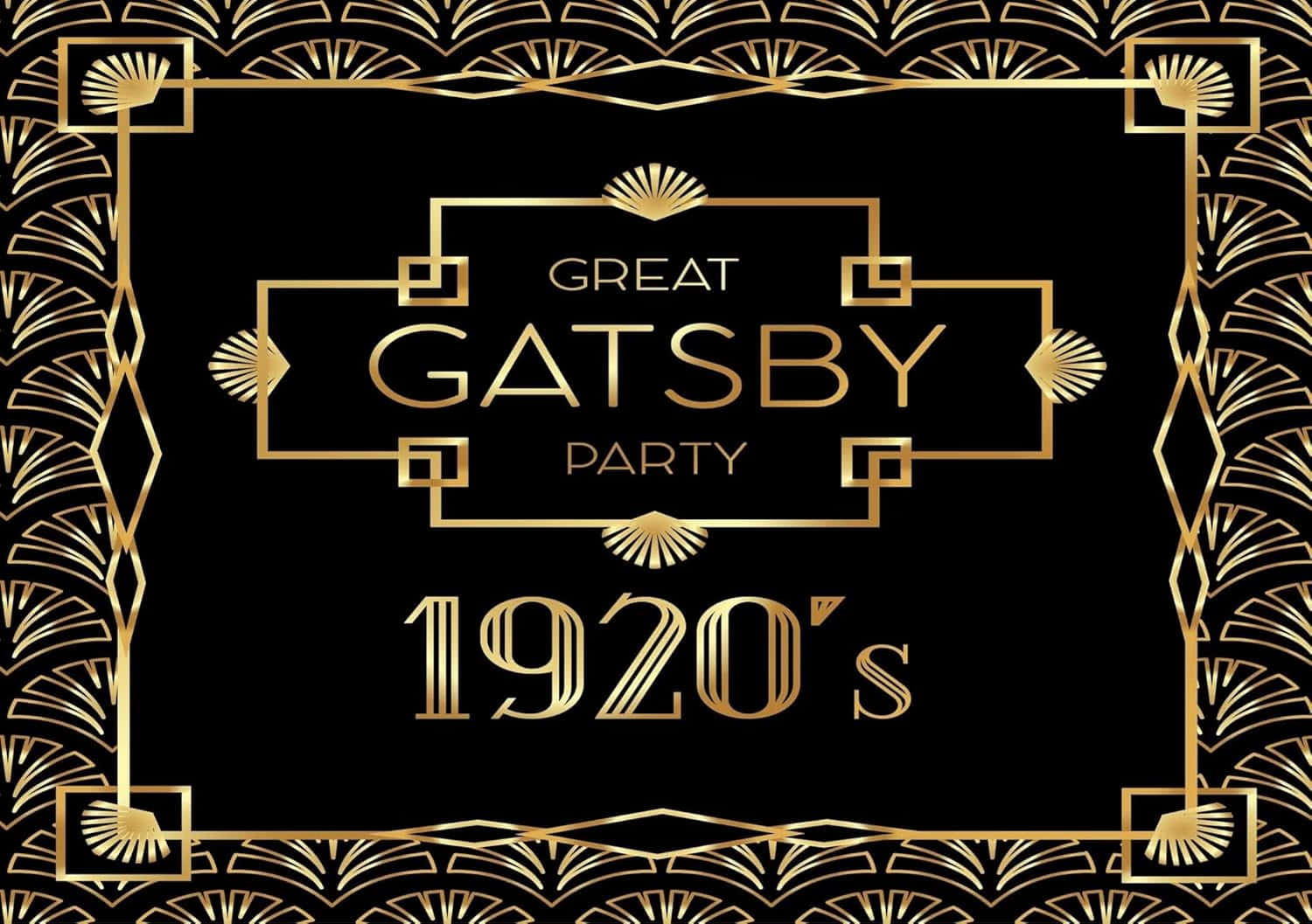  壁紙 — 優雅的金色裝飾藝術文字在黑色背景上寫著「Great Gatsby Party 1920's」，並帶有華麗的幾何邊框。