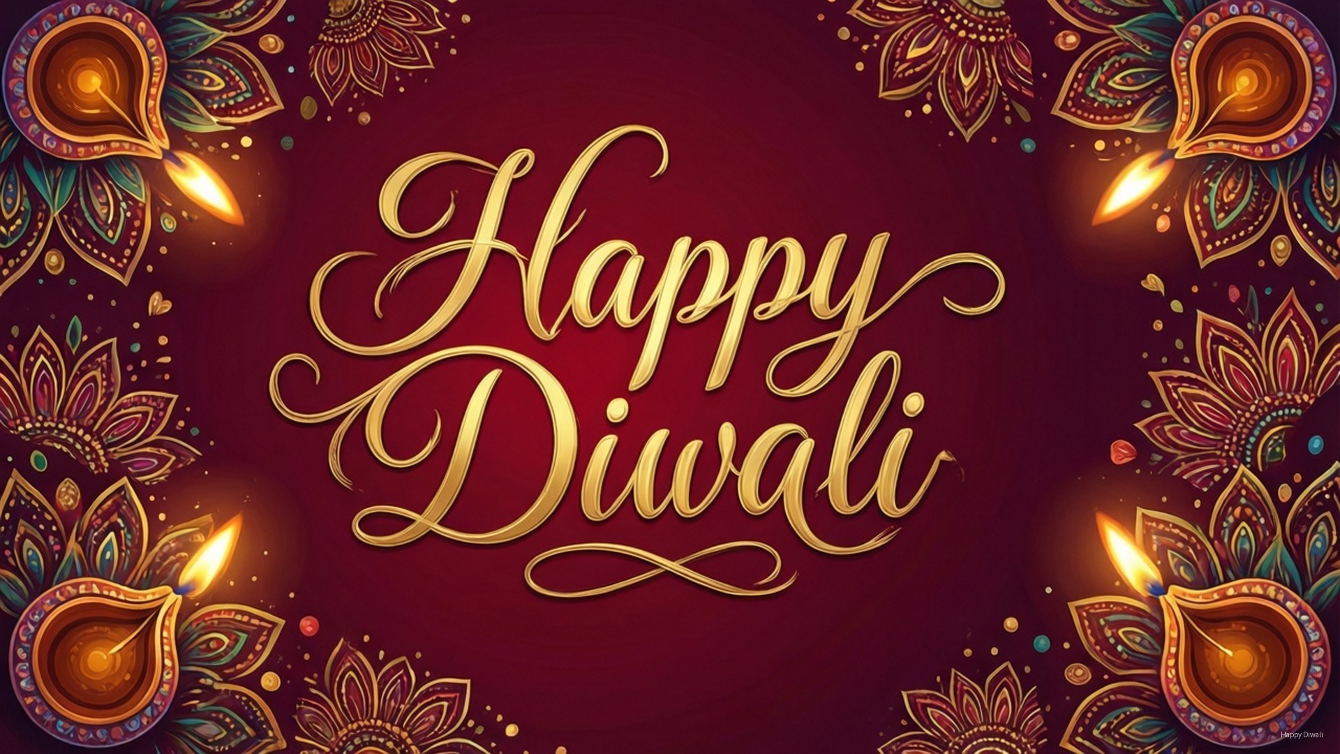 Happy Diwali 祝福語，帶有發光嘅迪亞燈同複雜嘅花卉設計，背景係紅色