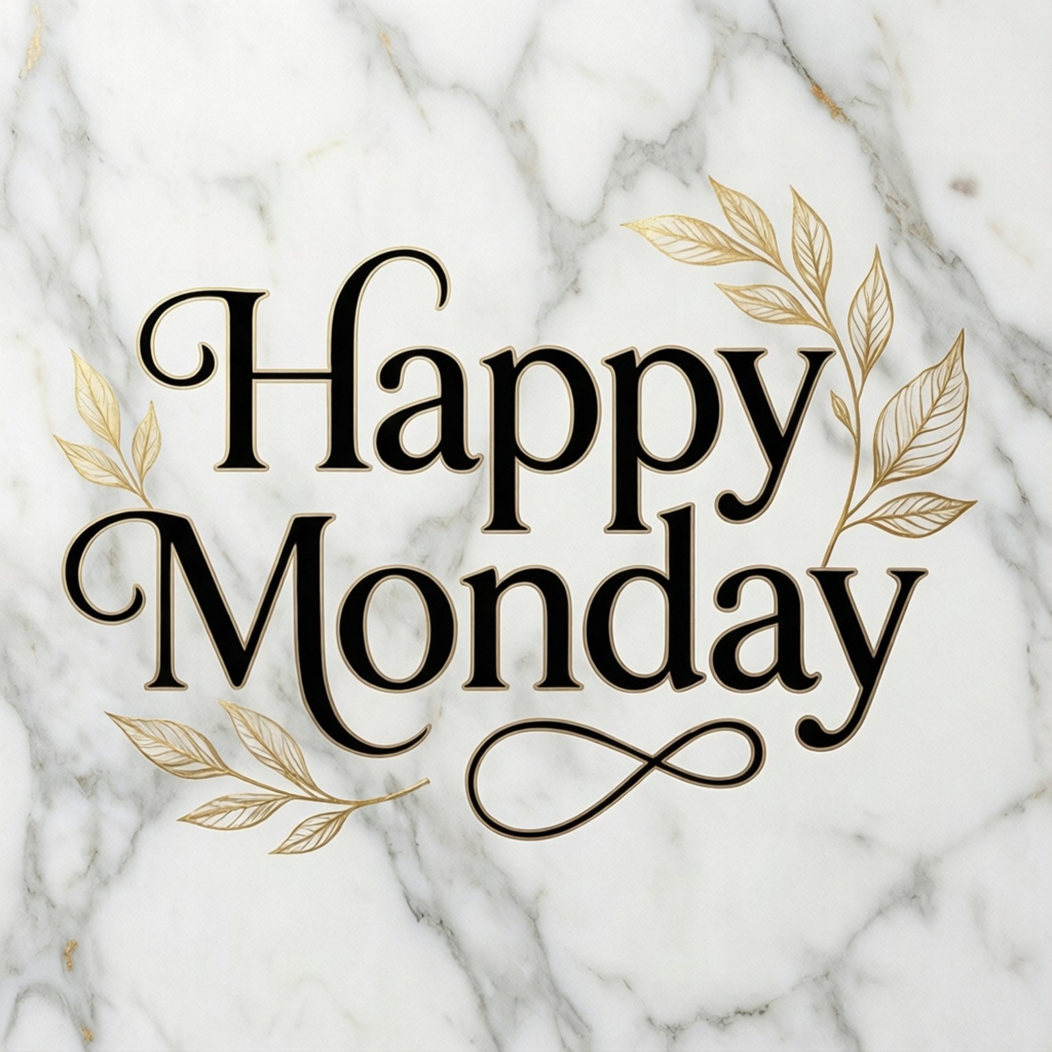 Happy Monday 桌布 壁紙 — 在白色大理石背景上，帶有金箔點綴的黑色手寫優雅「Happy Monday」文字。