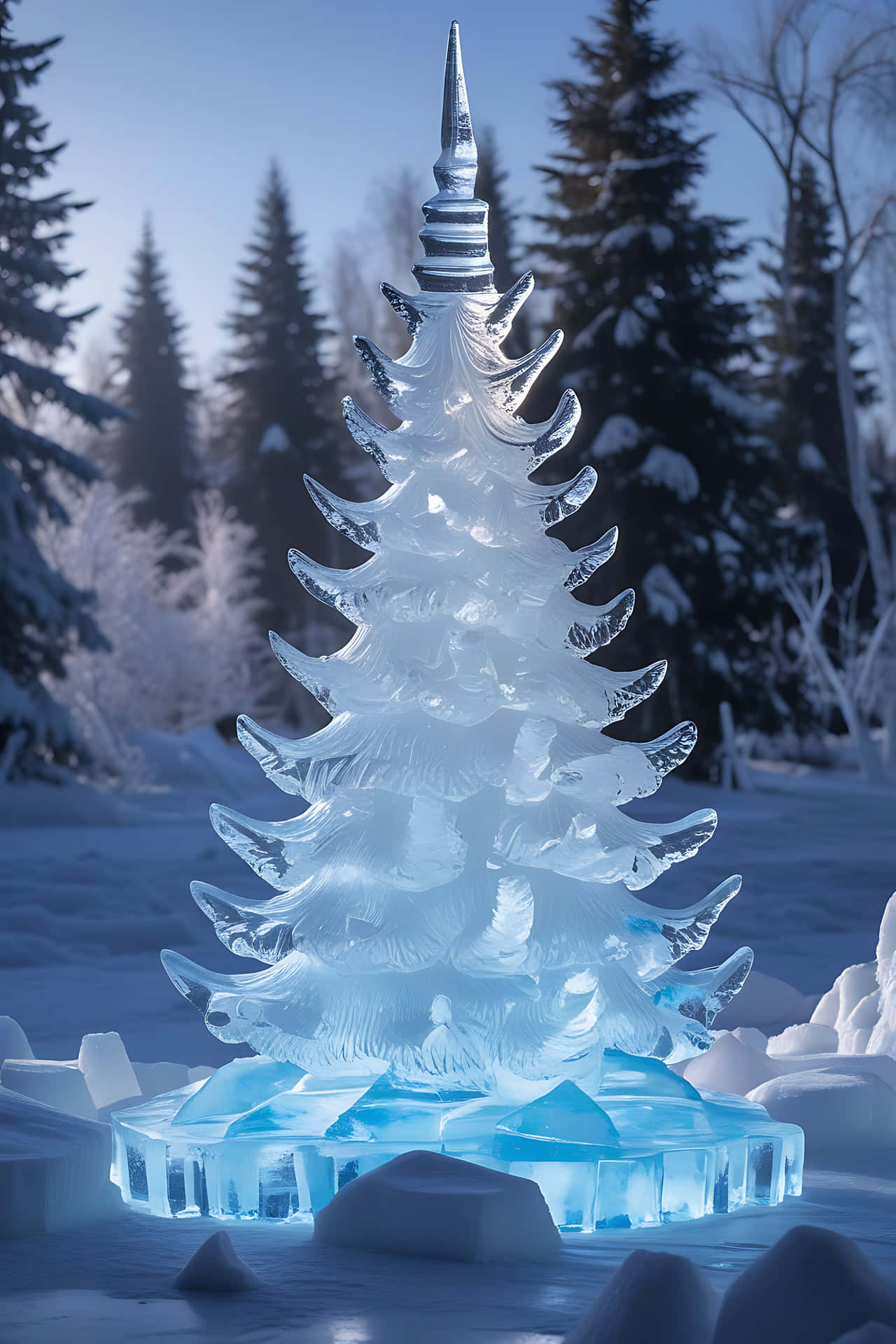 在白雪皚皚的冬季森林中發光的藍色冰聖誕樹雕塑