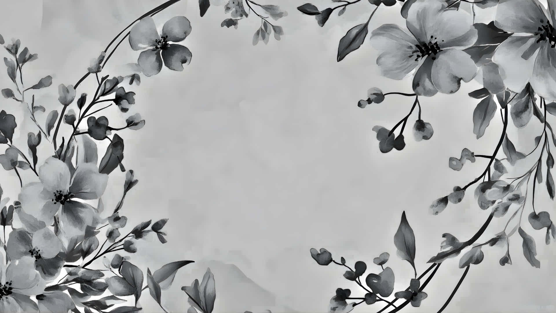  壁紙 — 優雅嘅單色花卉花環，精緻嘅花朵同葉子圍繞住一個柔和嘅紋理背景。