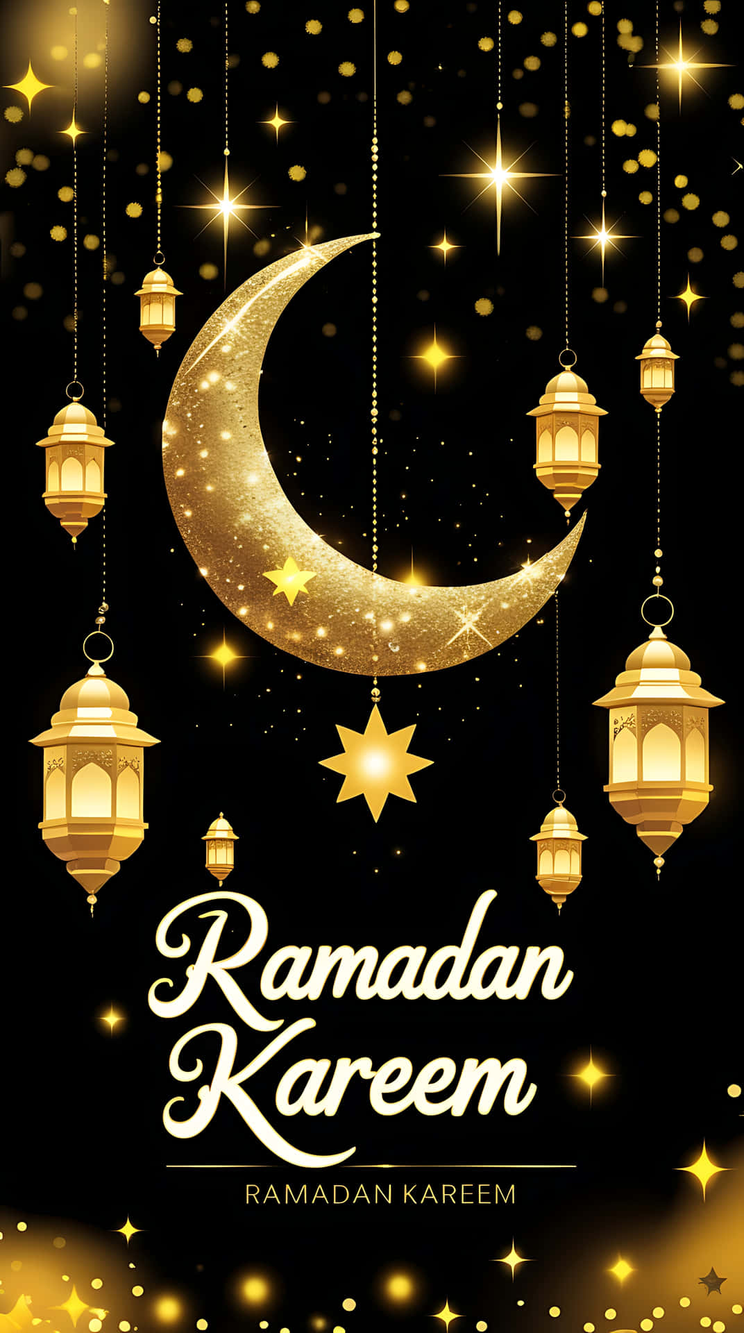 金色新月和燈籠懸掛在星空下，帶有 Ramadan Kareem 文字。