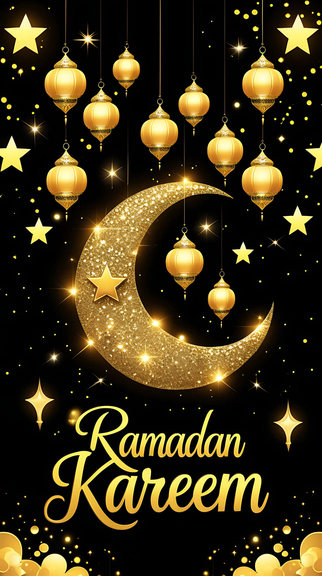 金色燈籠和星星漂浮在閃閃發光的彎月周圍，帶有 Ramadan Kareem 文字。