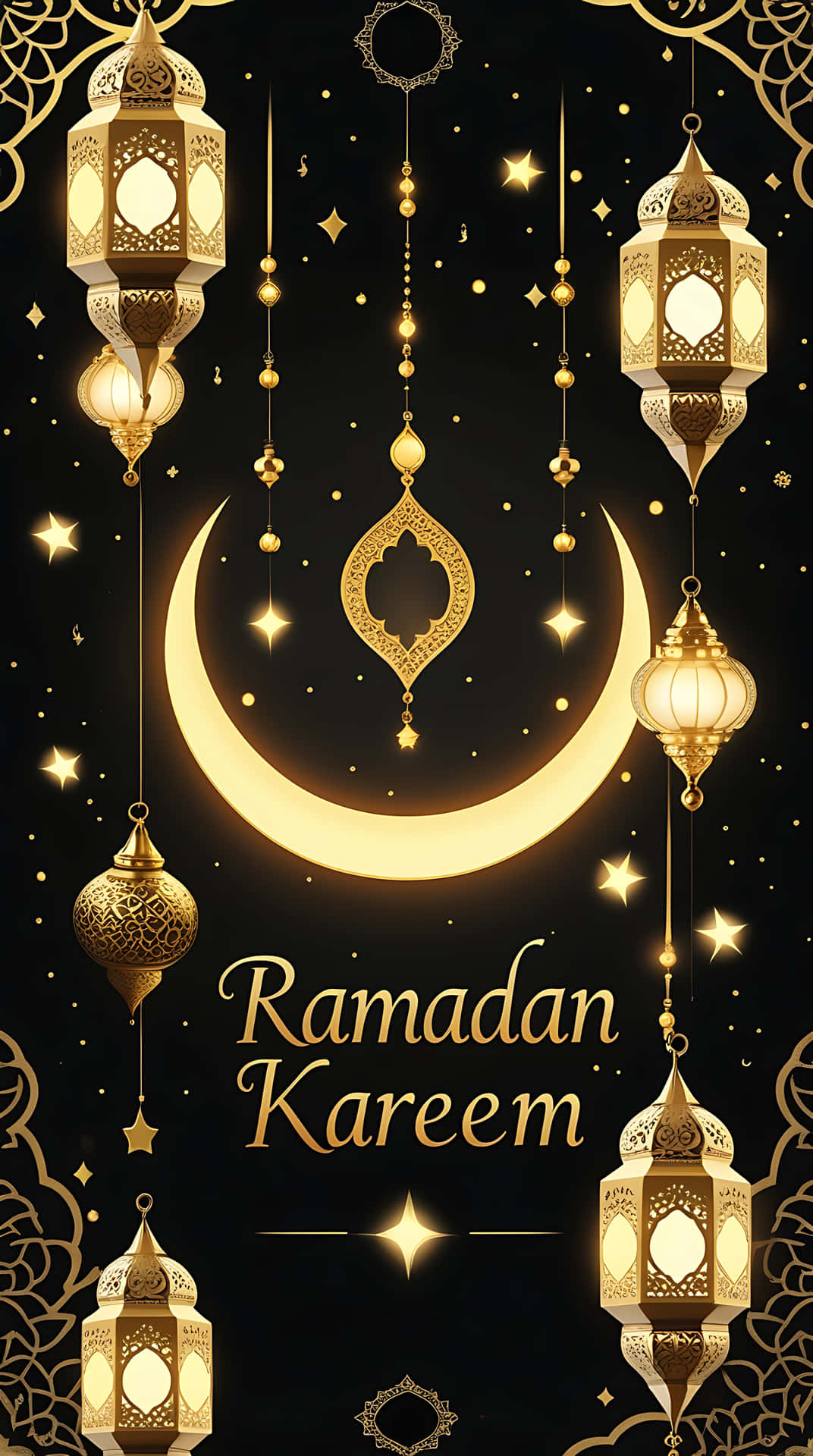 金色燈籠和新月掛在繁星點點的夜空，帶有Ramadan Kareem文字。