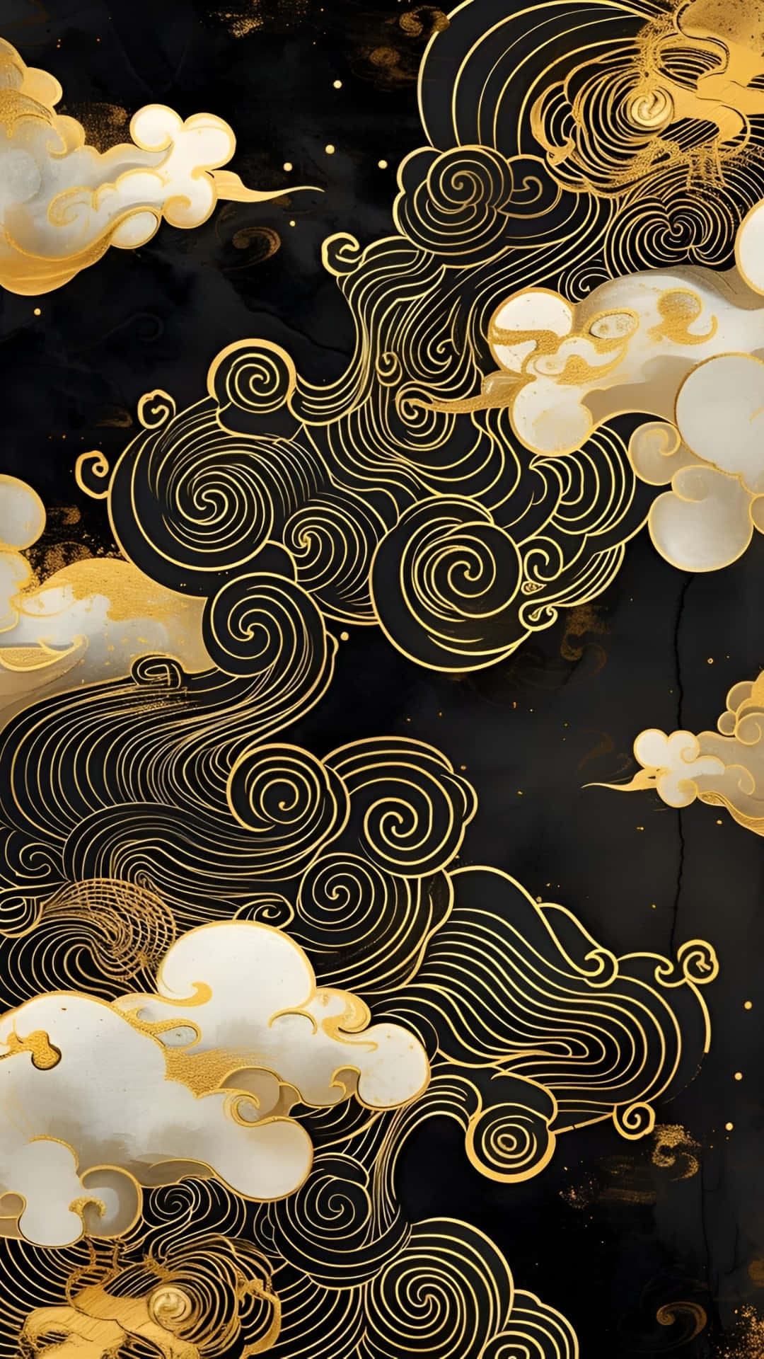  壁紙 — 優雅嘅漩渦狀金色雲朵，帶有白色高光，漂浮喺一個點綴住細緻金色斑點嘅深黑色背景上。