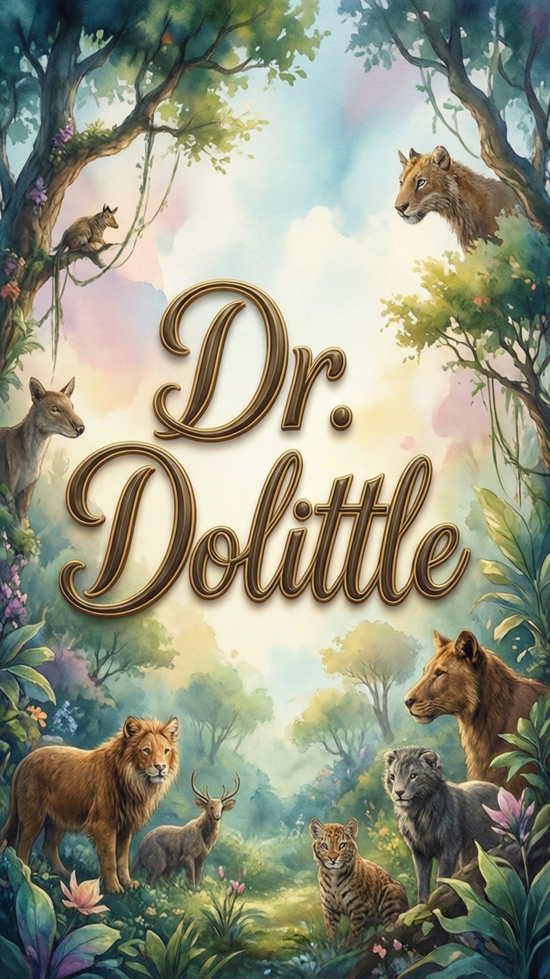 一群動物，包括獅子、鹿和豹，聚集在茂密的森林中，圍繞著標題 Dr Dolittle。