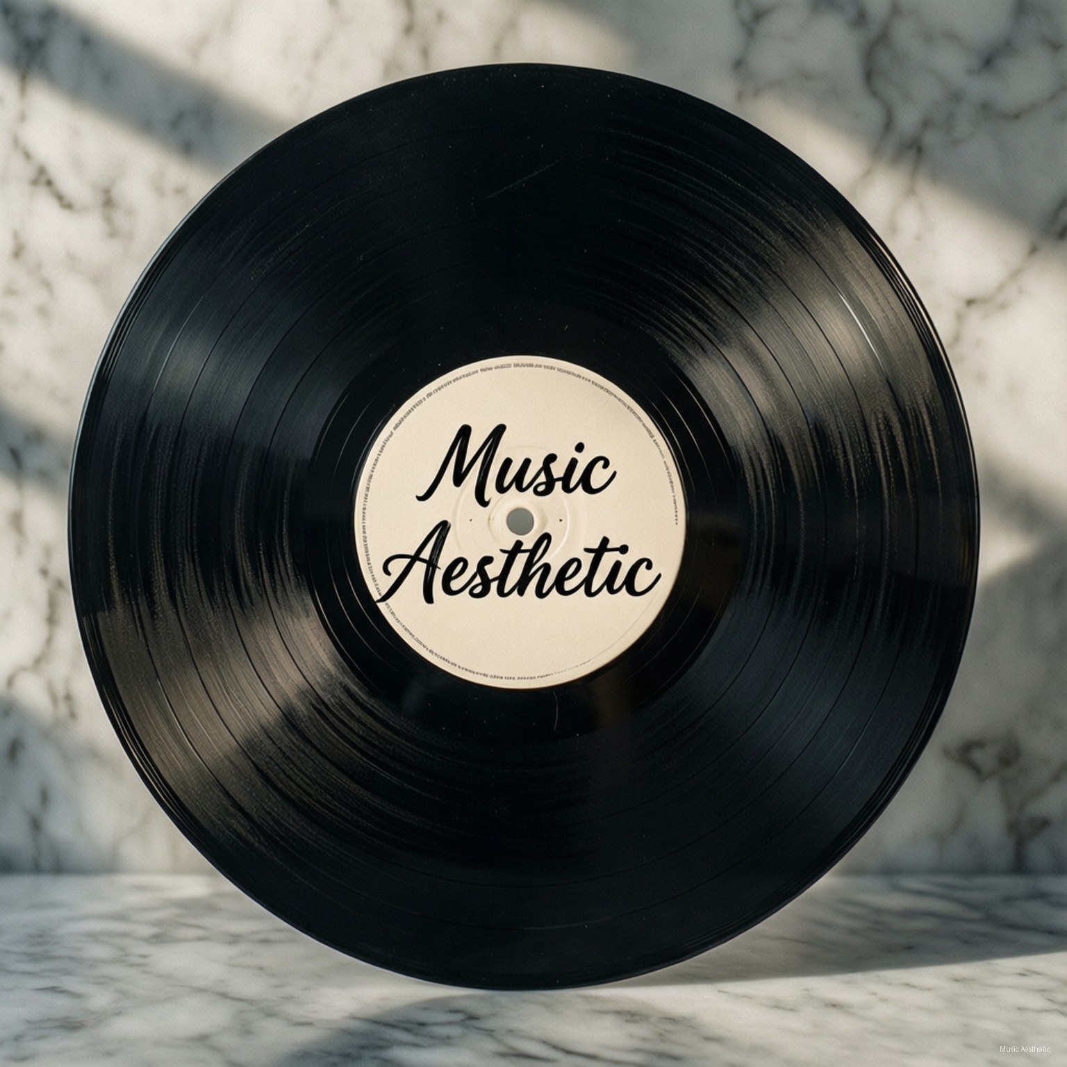 黑色黑膠唱片帶有 'Music Aesthetic' 標籤，放在大理石表面上，有陽光和陰影
