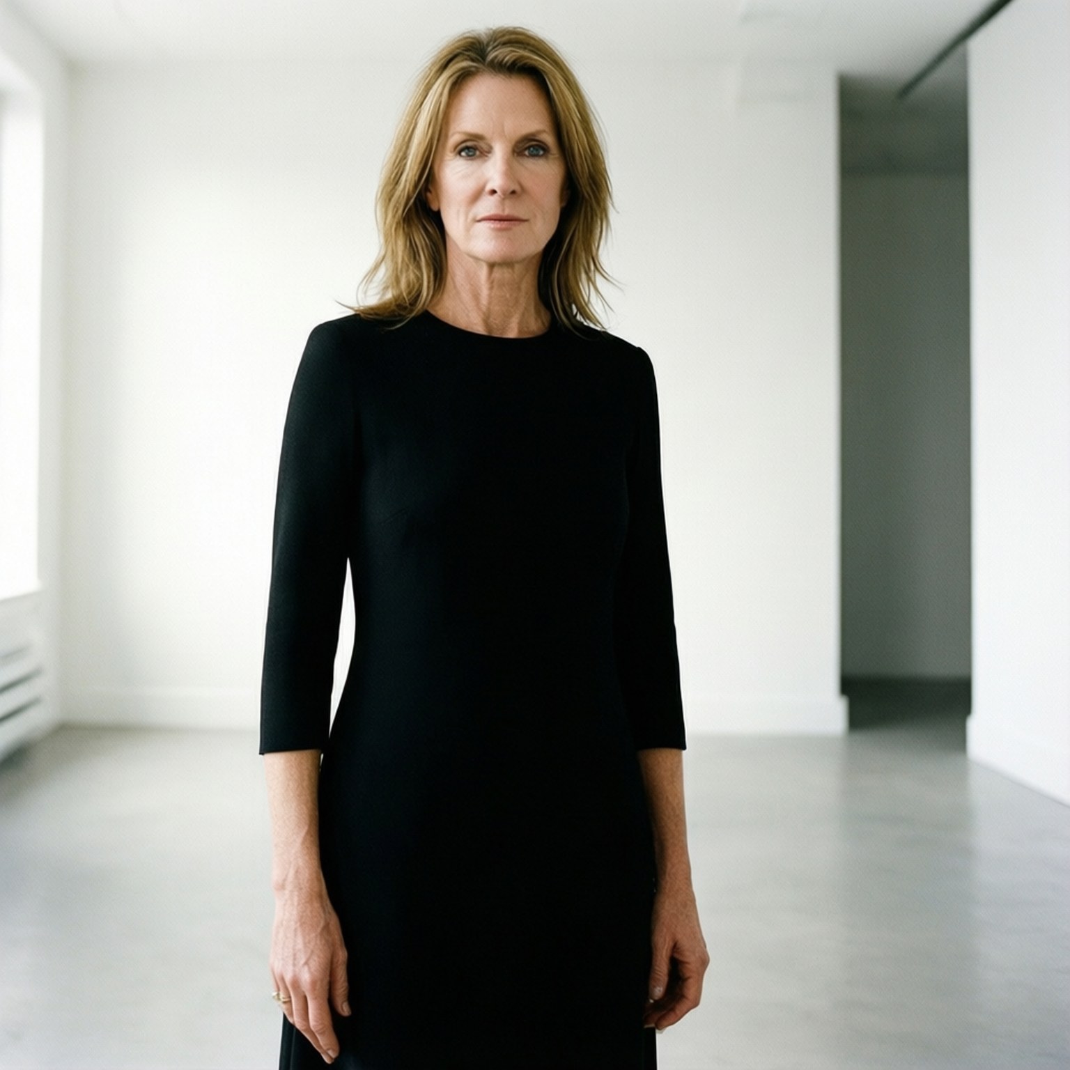 Minimalist Fashion 壁紙 — 一位身穿黑色連衣裙的優雅女性，靜靜地站在一個簡約的白色房間裡，柔和自然光線灑落。