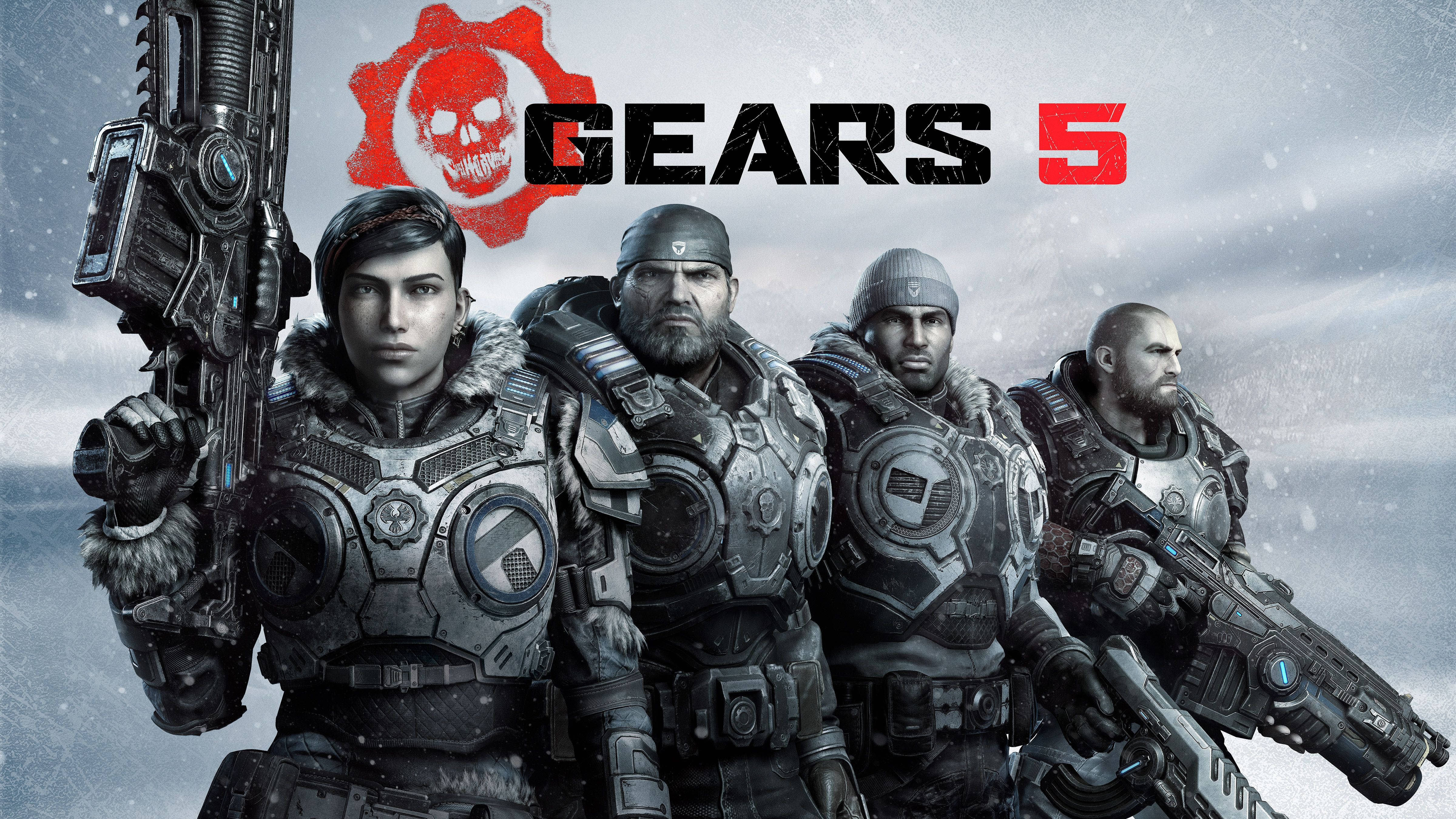 Gears 5 主要角色群像 壁紙 — 四名裝甲士兵在風暴天空下的雪地戰場上堅定站立，在 Gears 5 標誌下揮舞重型武器。
