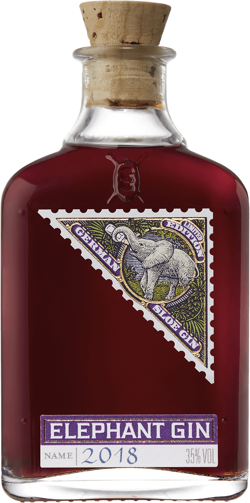 Elephant Gin Bottle2018 壁紙 — 一瓶Elephant Gin，深紅色液體，復古風格標籤上有大象圖案、軟木塞和2018年份。