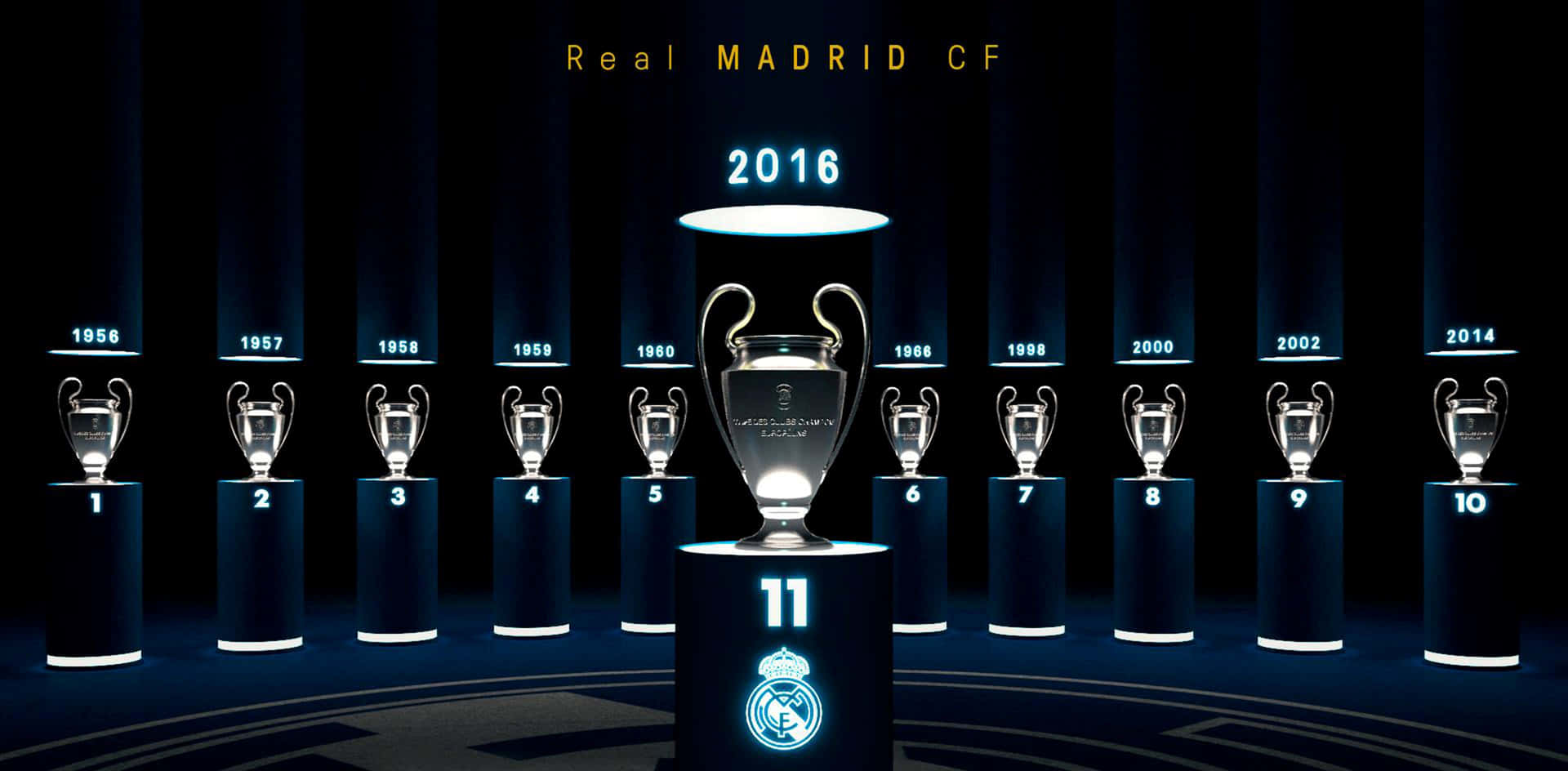 在昏暗的攝影棚中，11座歐洲聯賽冠軍盃獎盃連同年份陳列在底座上。