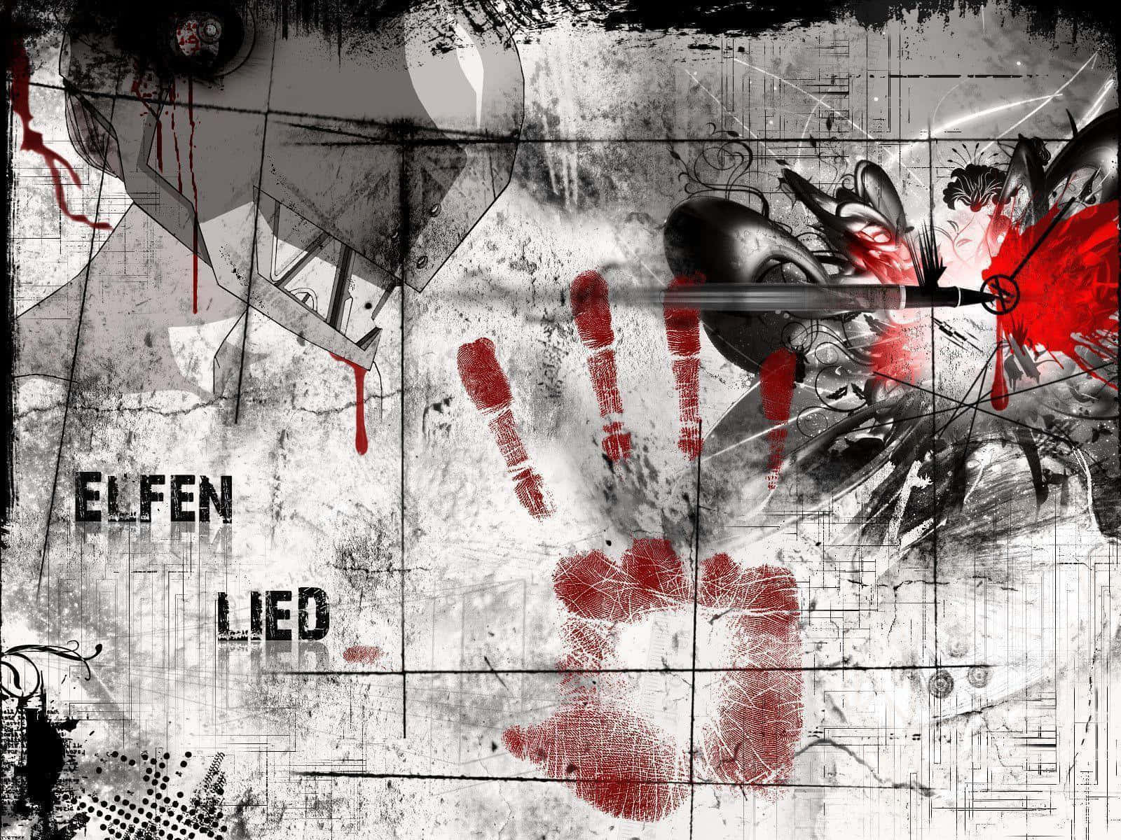 粗糙的黑白牆紙，帶有紅色手印和血跡，並帶有文字「ELFEN LIED」。