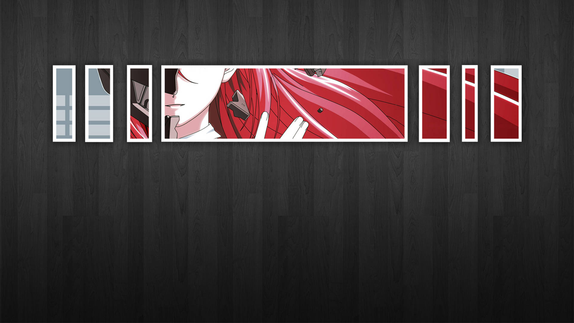 Elfen Lied Lucy 肖像 壁紙 — 擁有鮮豔紅髮和白皙臉龐的動漫女孩，鑲嵌在深色木牆上的現代抽象藝術裝置中。