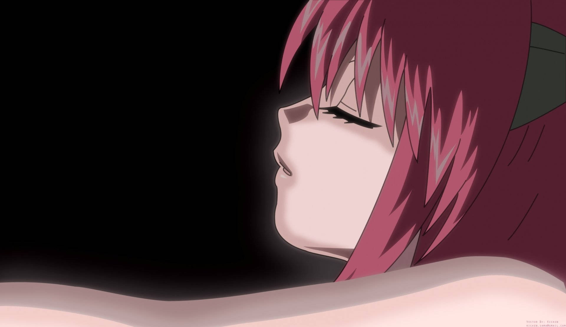 Elfen Lied 靜態的Nana 壁紙 — 一位粉紅色頭髮的動漫女孩側面將頭靠在柔軟的表面上，背景是純黑色。
