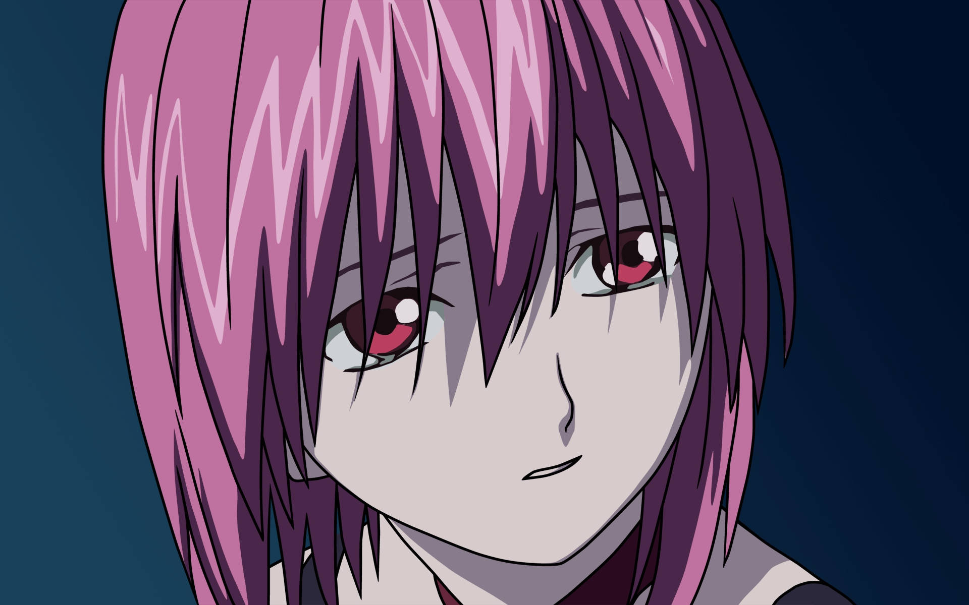 Elfen Lied 傷感琳妮 壁紙 — 動漫女孩的特寫，擁有鮮豔的粉紅色頭髮和紅色眼睛，背景為深藍色。