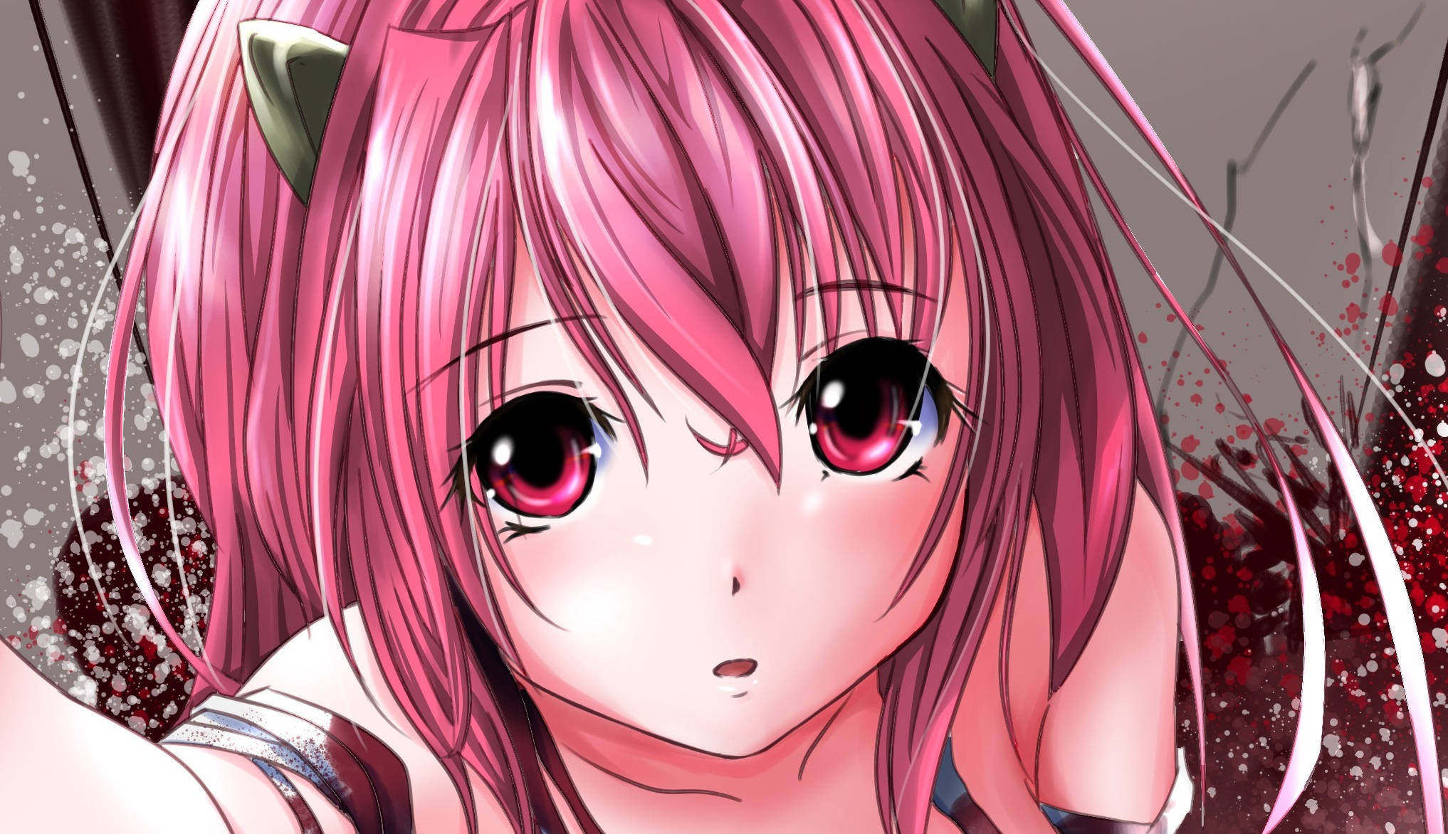 Elfen Lied 可愛琳妮同人圖 壁紙 — 一個粉紅色頭髮和貓耳嘅動漫少女特寫，用紅色大眼睛凝視住黑暗嘅濺色背景。