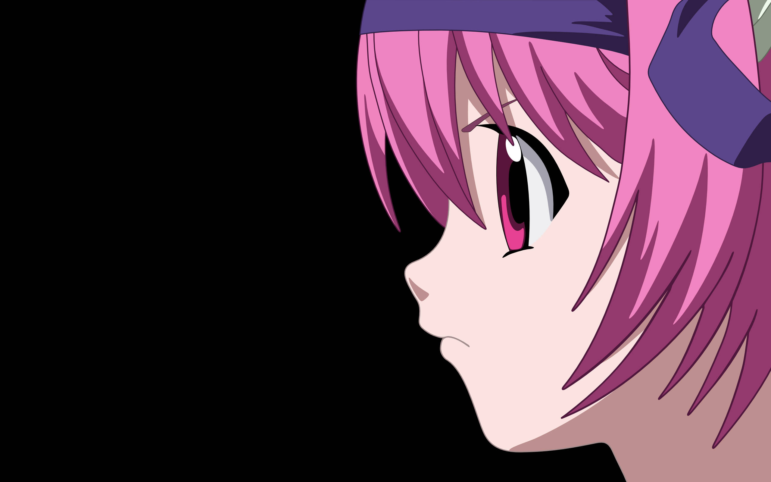 Elfen Lied 無情娜娜 壁紙 — 動漫女孩，粉紅色頭髮，紫色頭帶，側面輪廓，黑色背景。