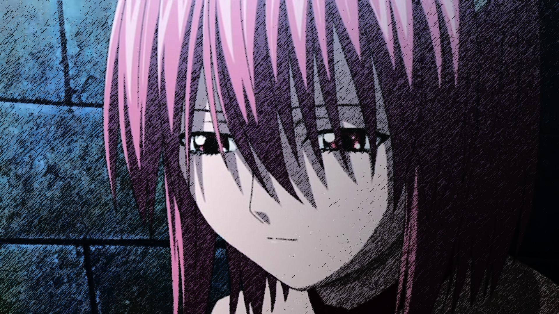 Elfen Lied 琳妮鬱悶畫面 壁紙 — 一個近距離動畫女孩，粉紅色和深色頭髮，在昏暗燈光下凝視著紋理石牆。