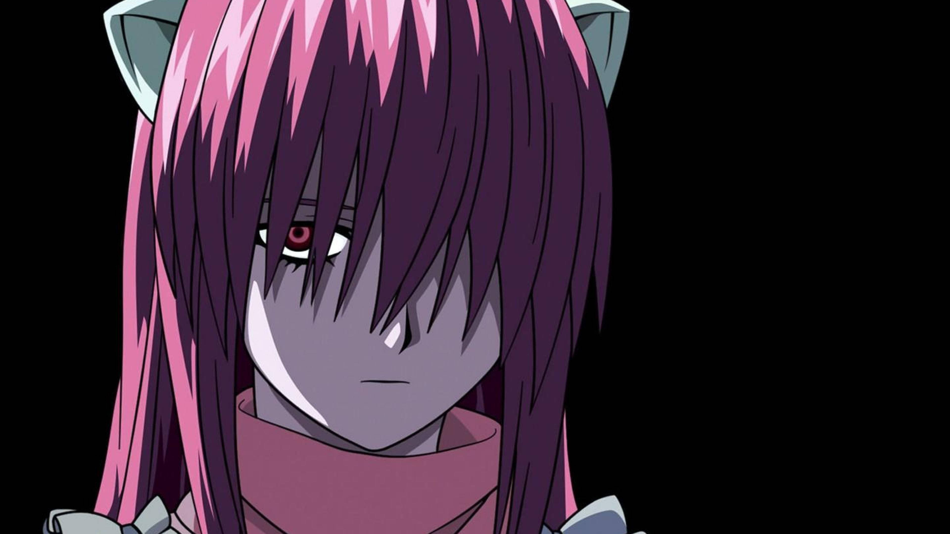 Elfen Lied 生氣的露西 壁紙 — 一個動漫女孩的近距離特寫，擁有粉紫色頭髮、貓耳朵和紅色眼睛，背景為黑色。
