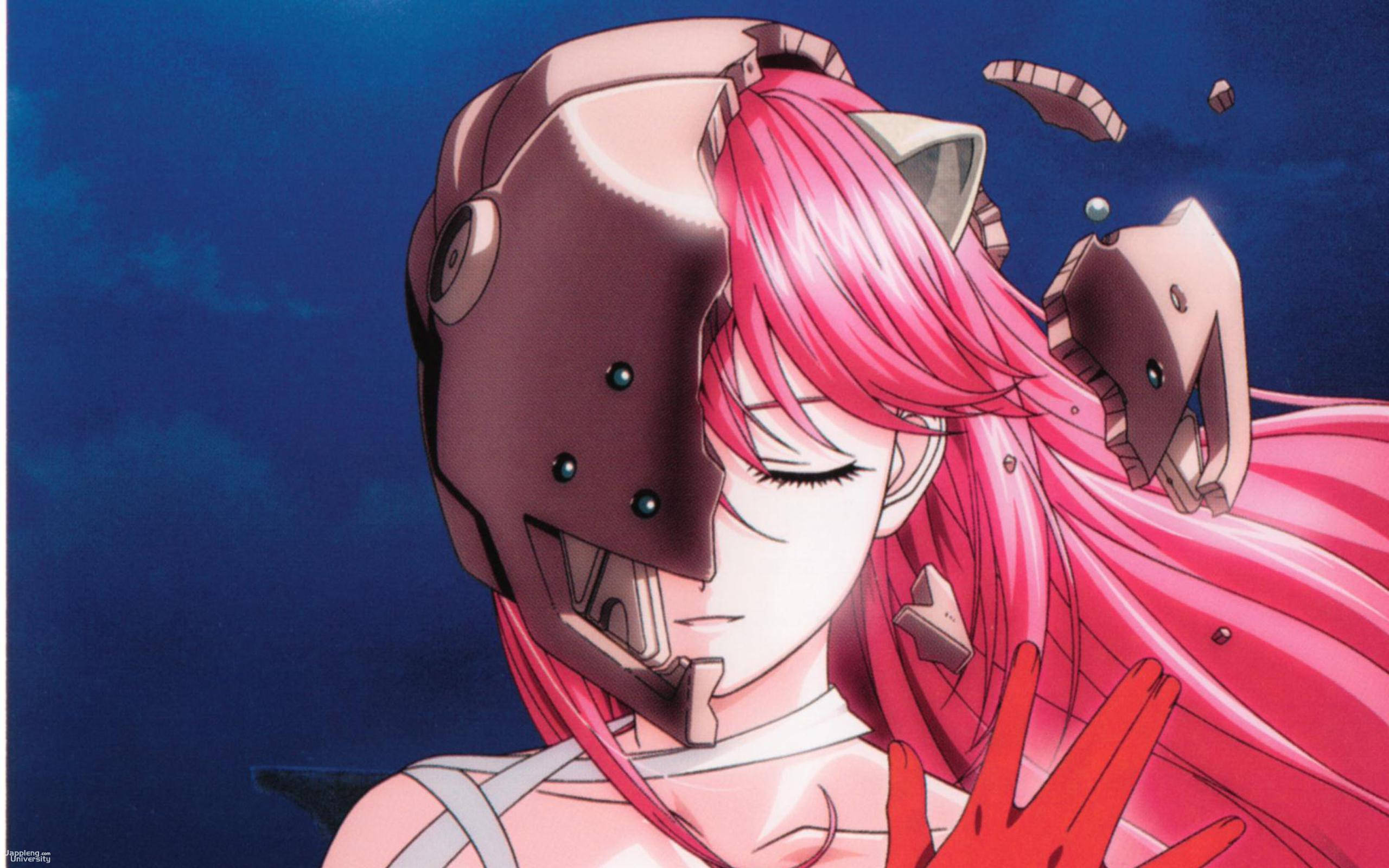 Elfen Lied 美麗女王 壁紙 — 粉紅色頭髮的動漫女孩，破損的機械頭盔和漂浮的碎片，背景為深藍色。