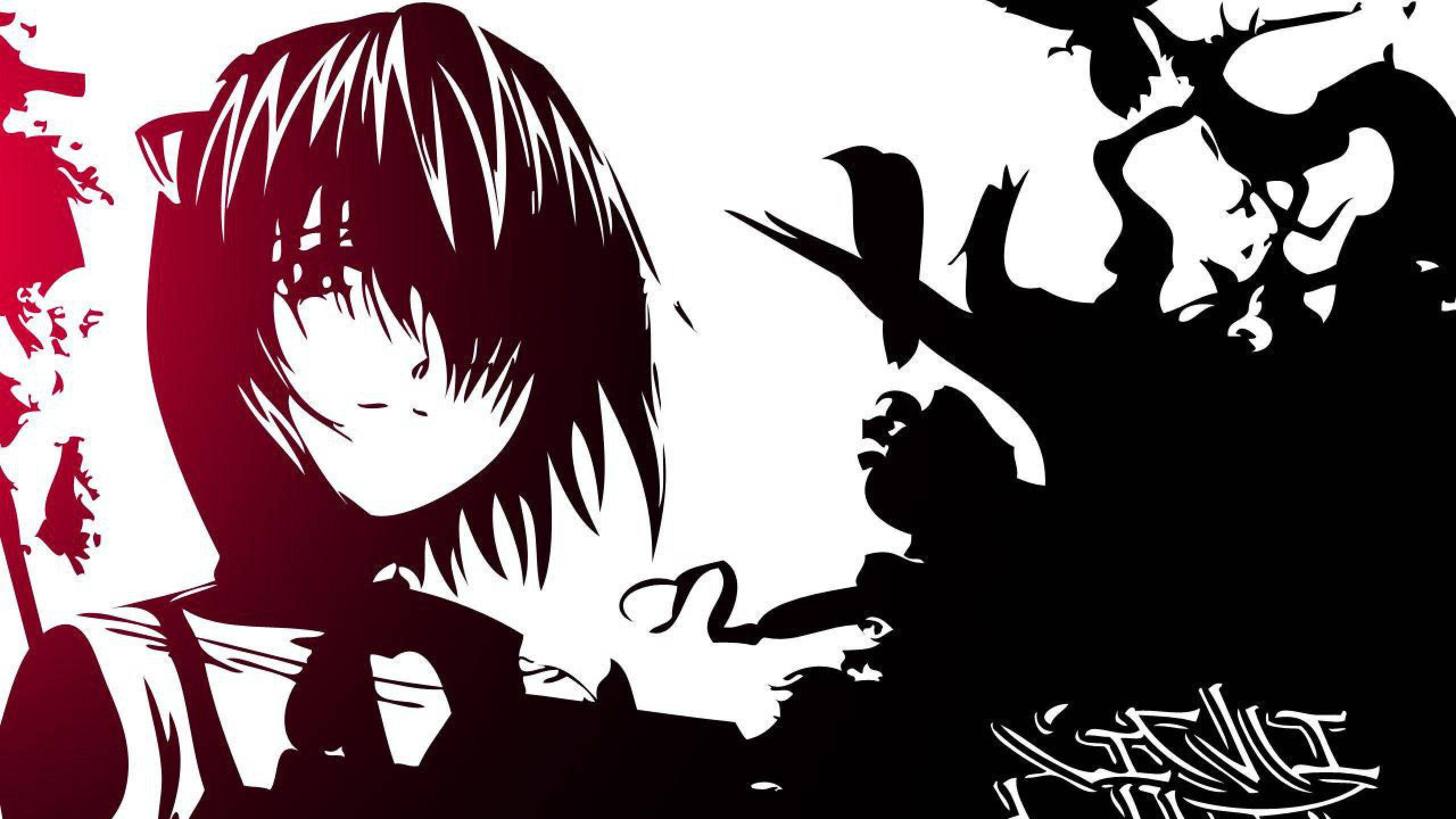 Elfen Lied 黑白琳妮 壁紙 — 一個風格化的動漫女孩，帶有貓耳朵，在混亂的陰影背景中呈現鮮明的紅色和黑色剪影。