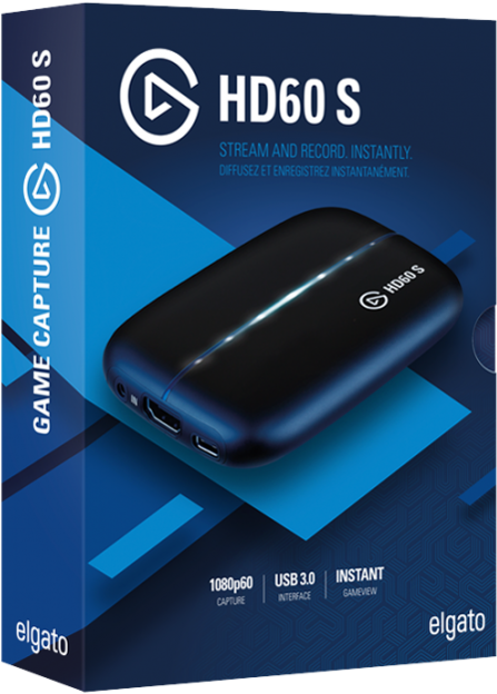 Elgato HD60 S 遊戲錄影裝置 壁紙 — 一個時尚的黑色Elgato HD60 S遊戲擷取裝置，展示在一個帶有技術規格的動態藍色幾何產品盒上。