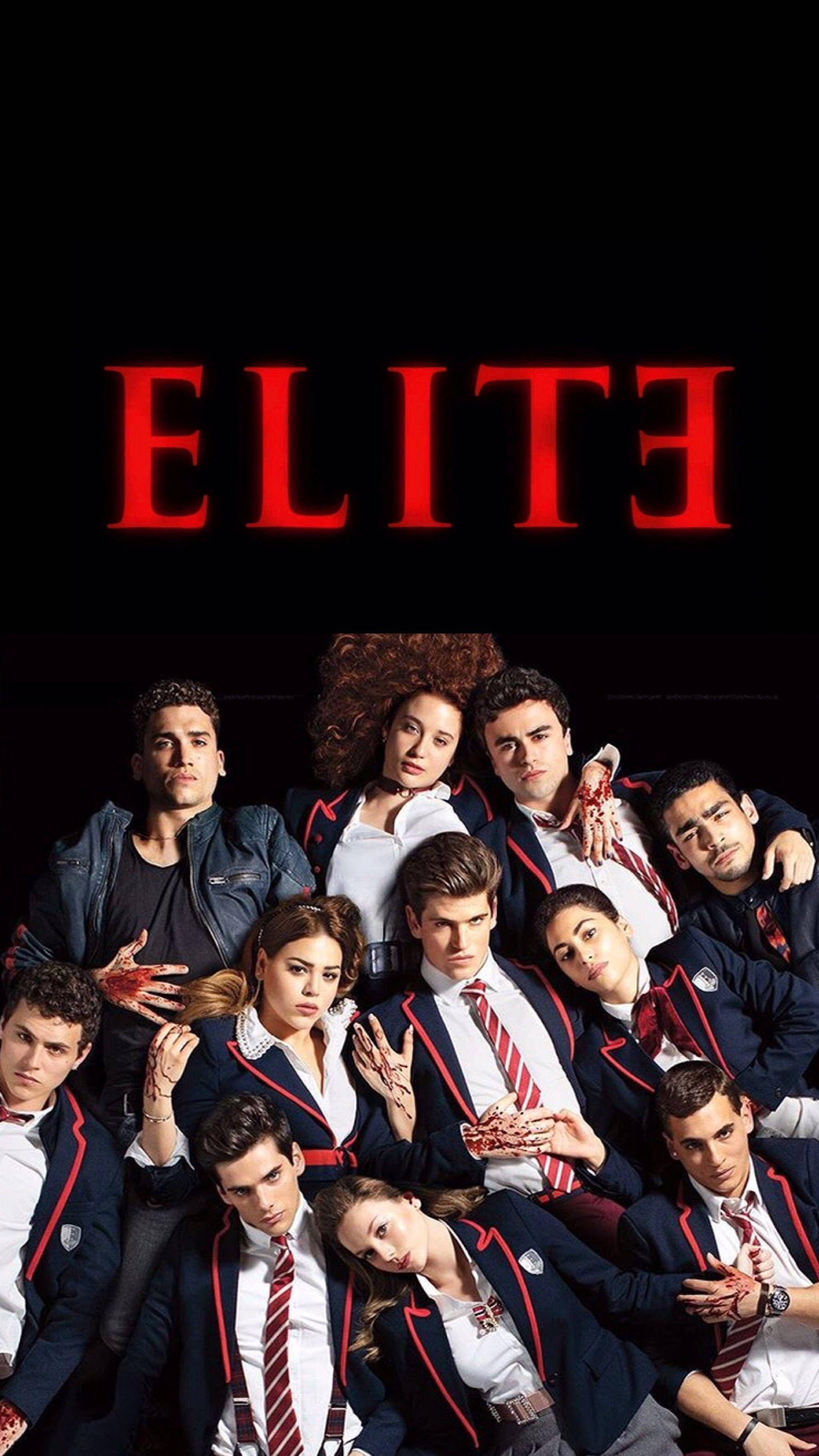 《Elite》劇集演員宣傳照 壁紙 — 一群精英學生穿著校服，在黑色背景前戲劇性地擺姿勢，標題「ELITE」以粗體紅色字母呈現。