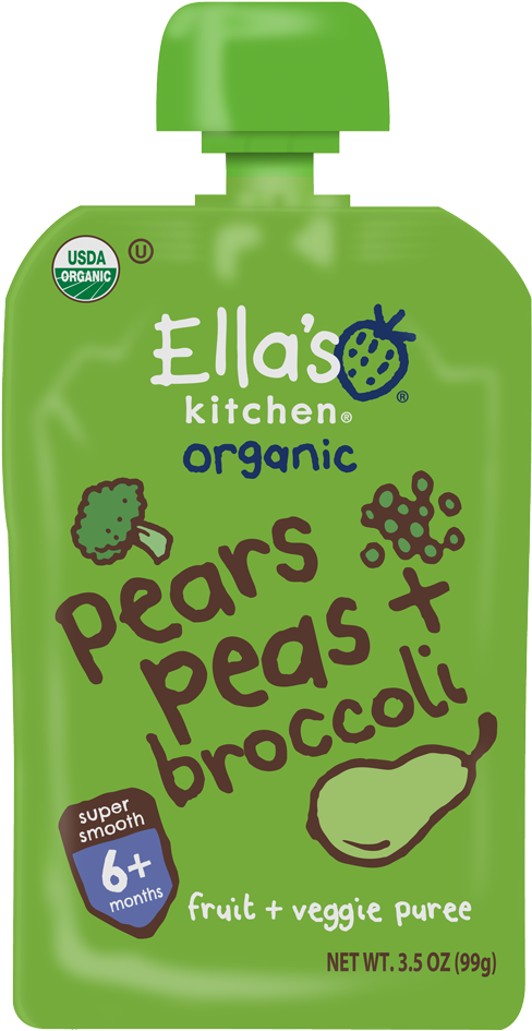 Ella's Kitchen 有機梨豌豆西蘭花泥 壁紙 — 一個亮綠色的Ella's Kitchen有機嬰兒食品包，內含梨、豌豆和西蘭花，帶有俏皮的插圖。
